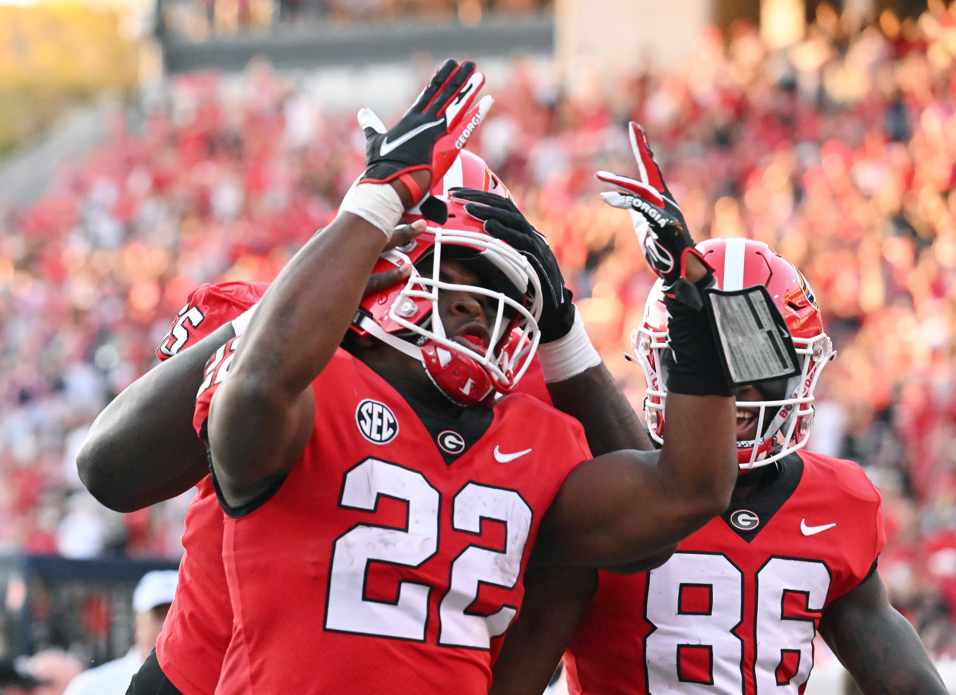 Georgia's running back Branson Robinson (22) celebrates after he scored a touchdown during the second half in a NCAA college football game at Sanford Stadium in Athens on Saturday, October 8, 2022. Georgia won 42-10 over Auburn. (Hyosub Shin / Hyosub.Shin@ajc.com)