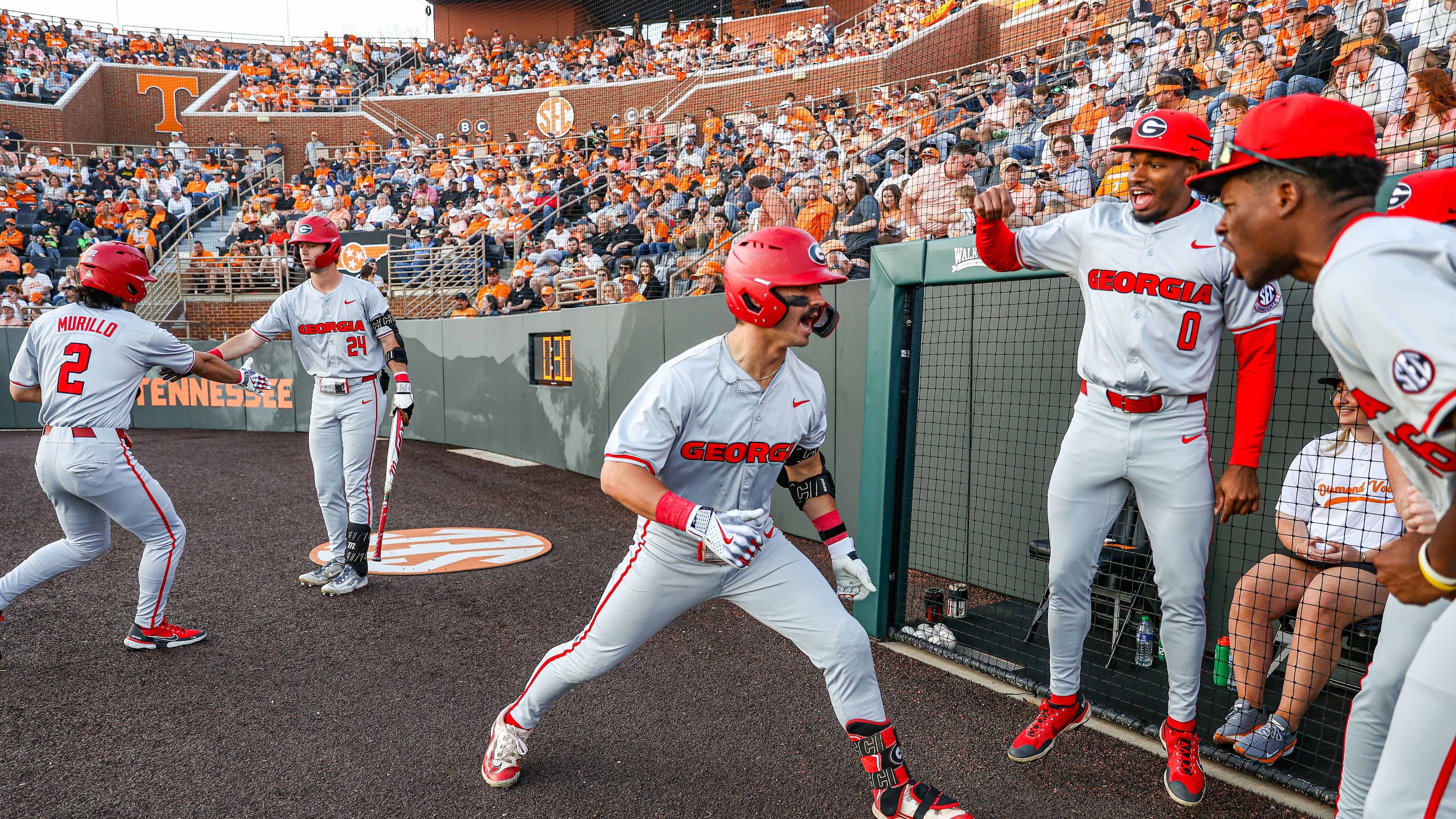 Georgia infielder Kolby Branch (9) celebrates during Georgia’s second game against Tennessee at Lindsey Nelson Stadium in Knoxville, Tennessee on Saturday, Mar. 30, 2024. (Kari Hodges/UGA Athletics)