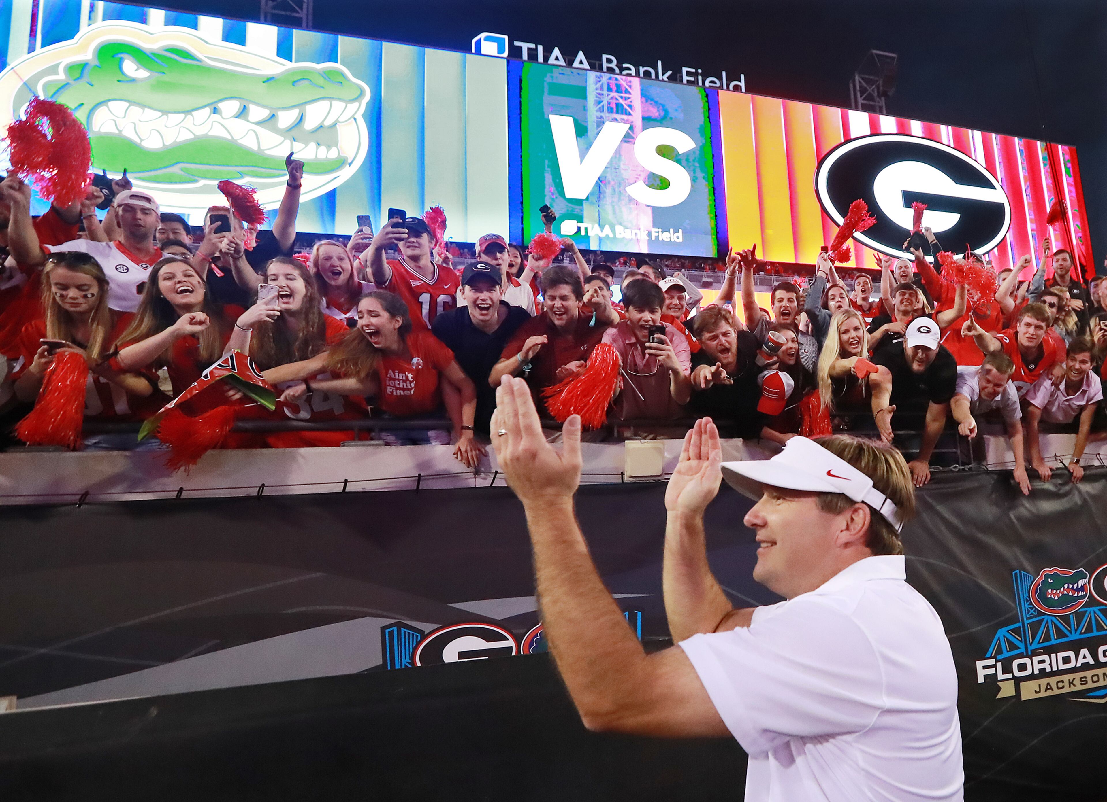 Georgia head coach Kirby Smart celebrates a 36-17 victory over Florida with the fans in the Georgia-Florida NCAA college football game on Saturday, Oct 27, 2018, in Jacksonville. Curtis Compton/ccompton@ajc.com