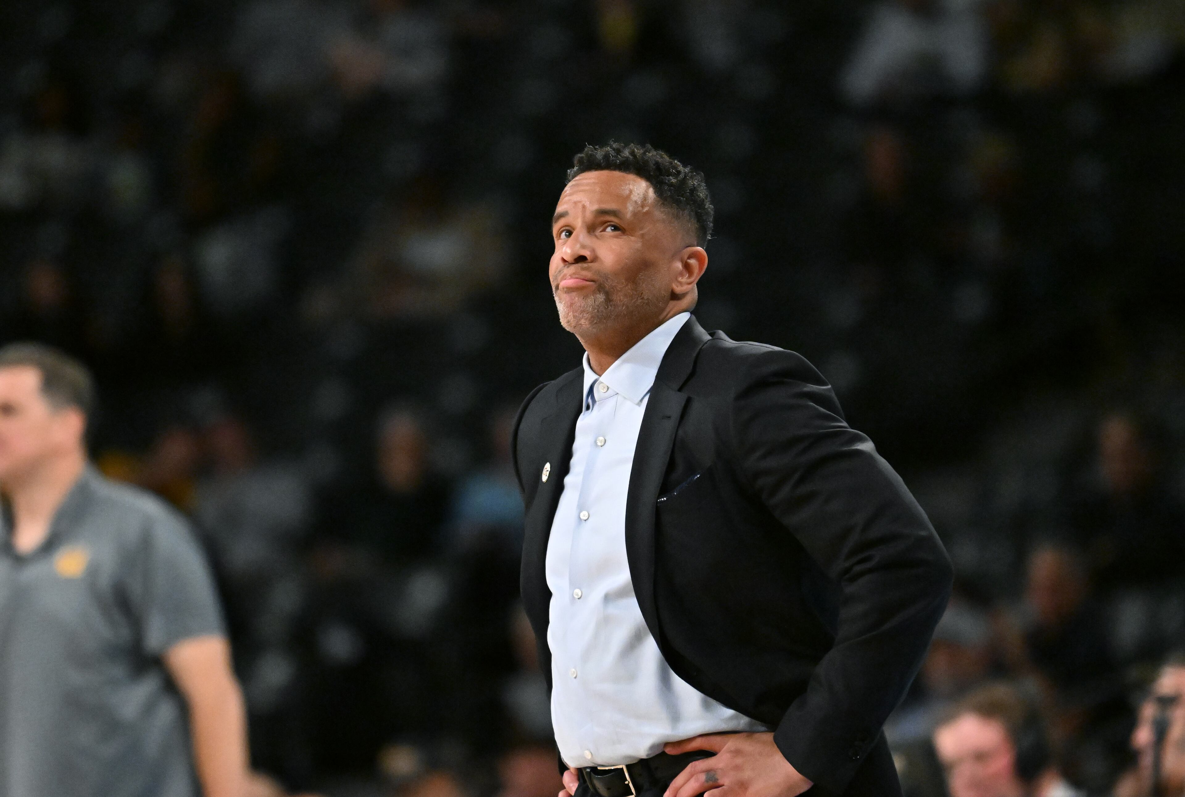 Georgia Tech head coach Damon Stoudamire reacts during an NCAA college basketball game at Georgia Tech’s McCamish Pavilion, Wednesday, March 4, 2026, in Atlanta. California won 76-65 over Georgia Tech. (Hyosub Shin/AJC)