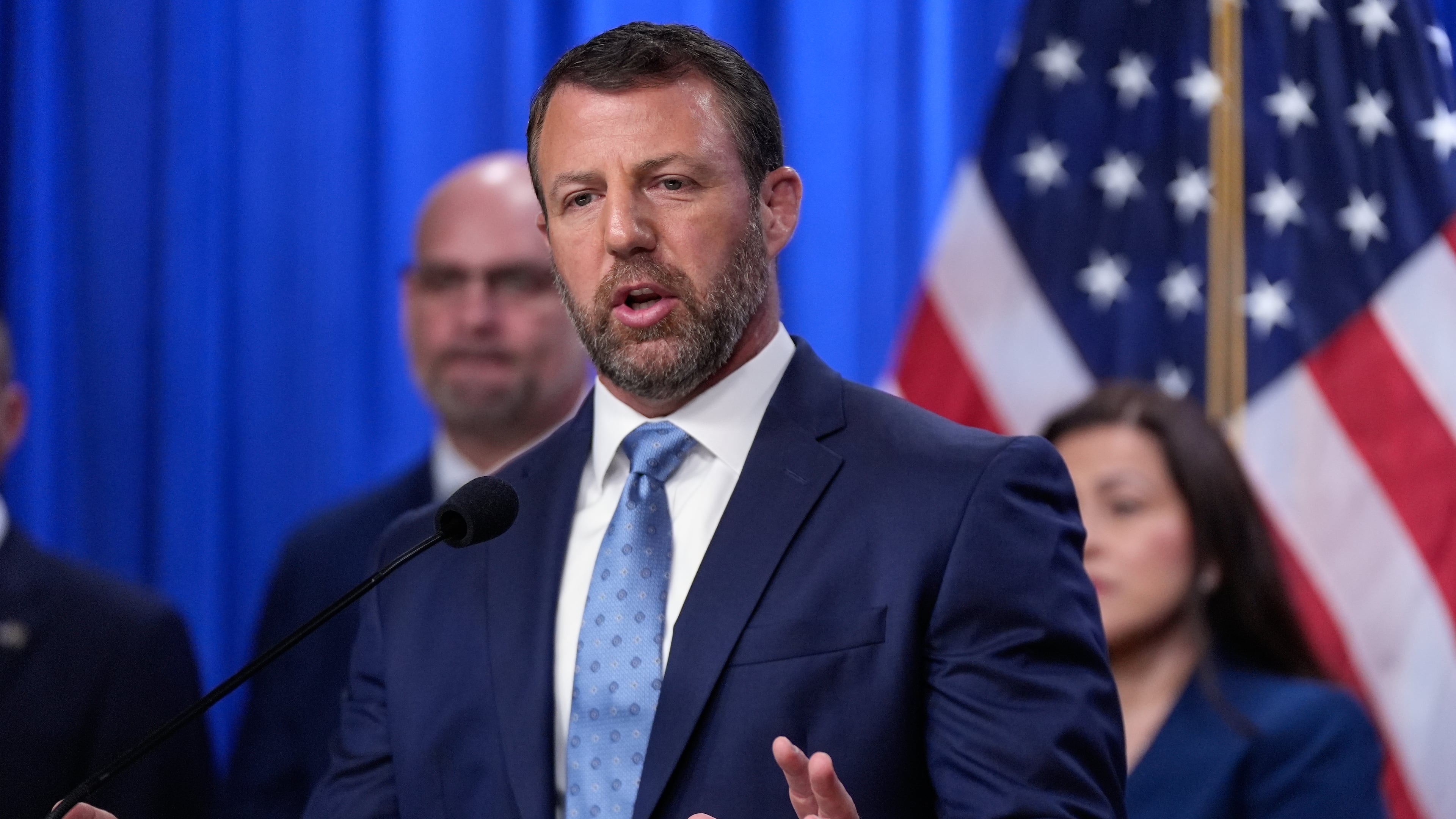 Homeland Security Secretary Markwayne Mullin speaks during a news conference on unaccompanied children at the Justice Department Thursday, June 11, 2026, in Washington. (AP Photo/Manuel Balce Ceneta)