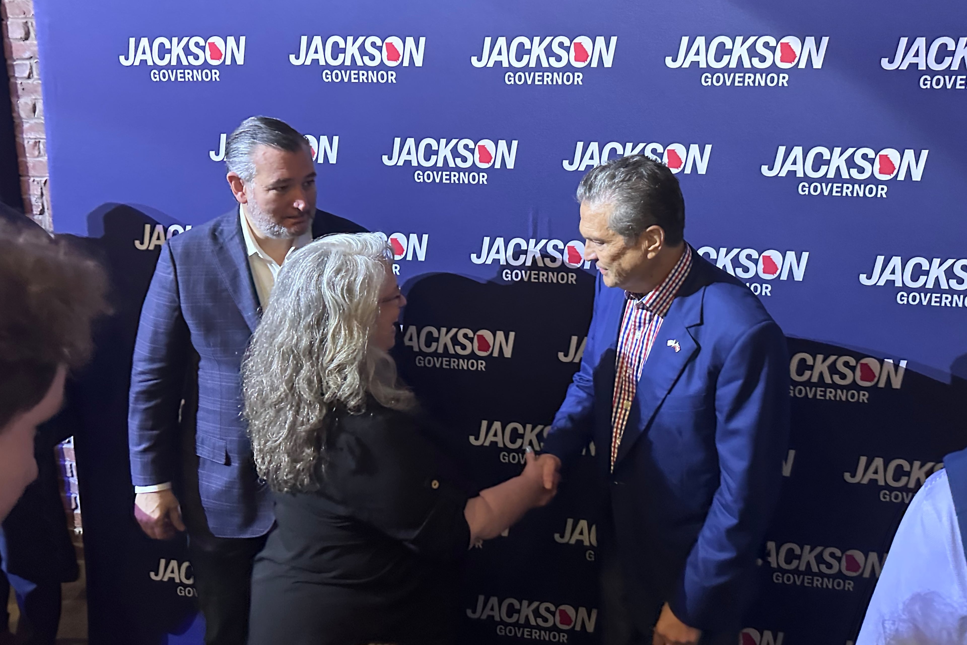 Republican nominee for Georgia governor Rick Jackson (right) campaigns with U.S. Sen. Ted Cruz, R-Texas, in Alpharetta last week. (Bill Barrow/AP)