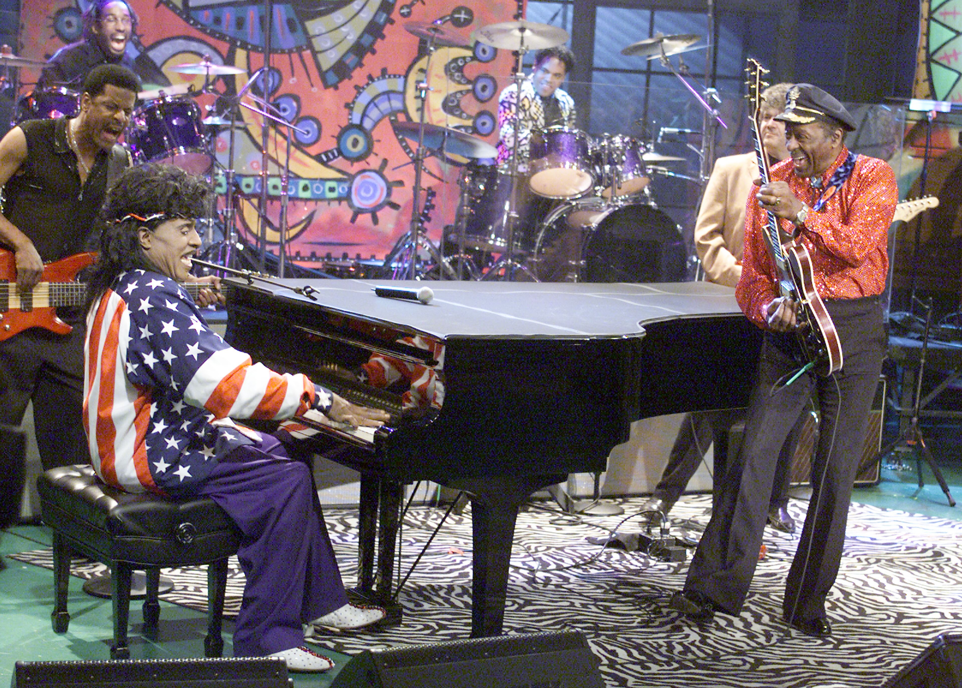 Little Richard and Chuck Berry on "The Tonight Show With Jay Leno" at NBC Studios in Los Angeles on Jan. 24, 2002.