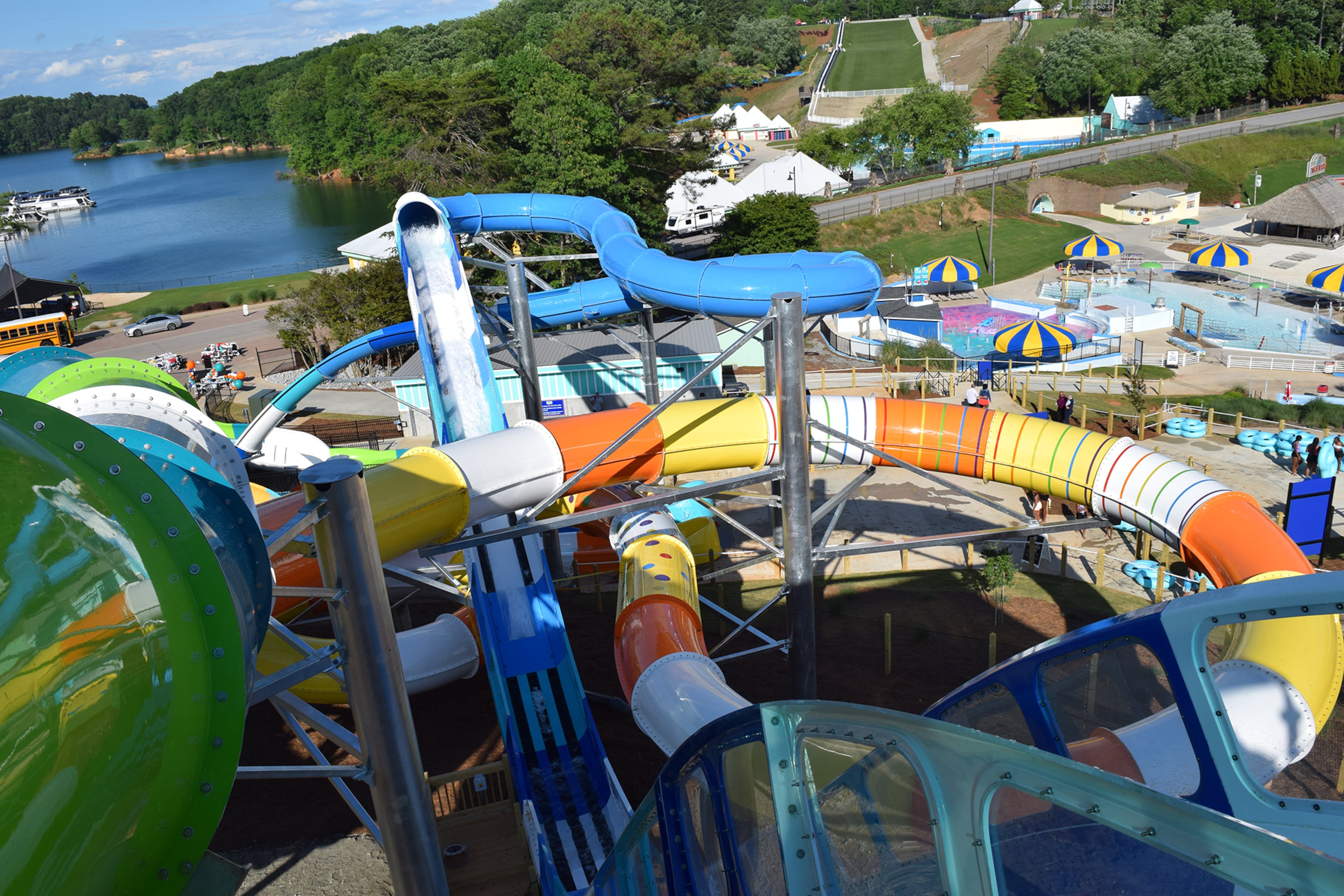 Fins Up Water Park at Margaritaville Lanier Islands features 18 waterslides and aquatic attractions designed to offer damp thrills for all ages.
(Courtesy of Fins Up Water Park, Margaritaville at Lanier Islands)