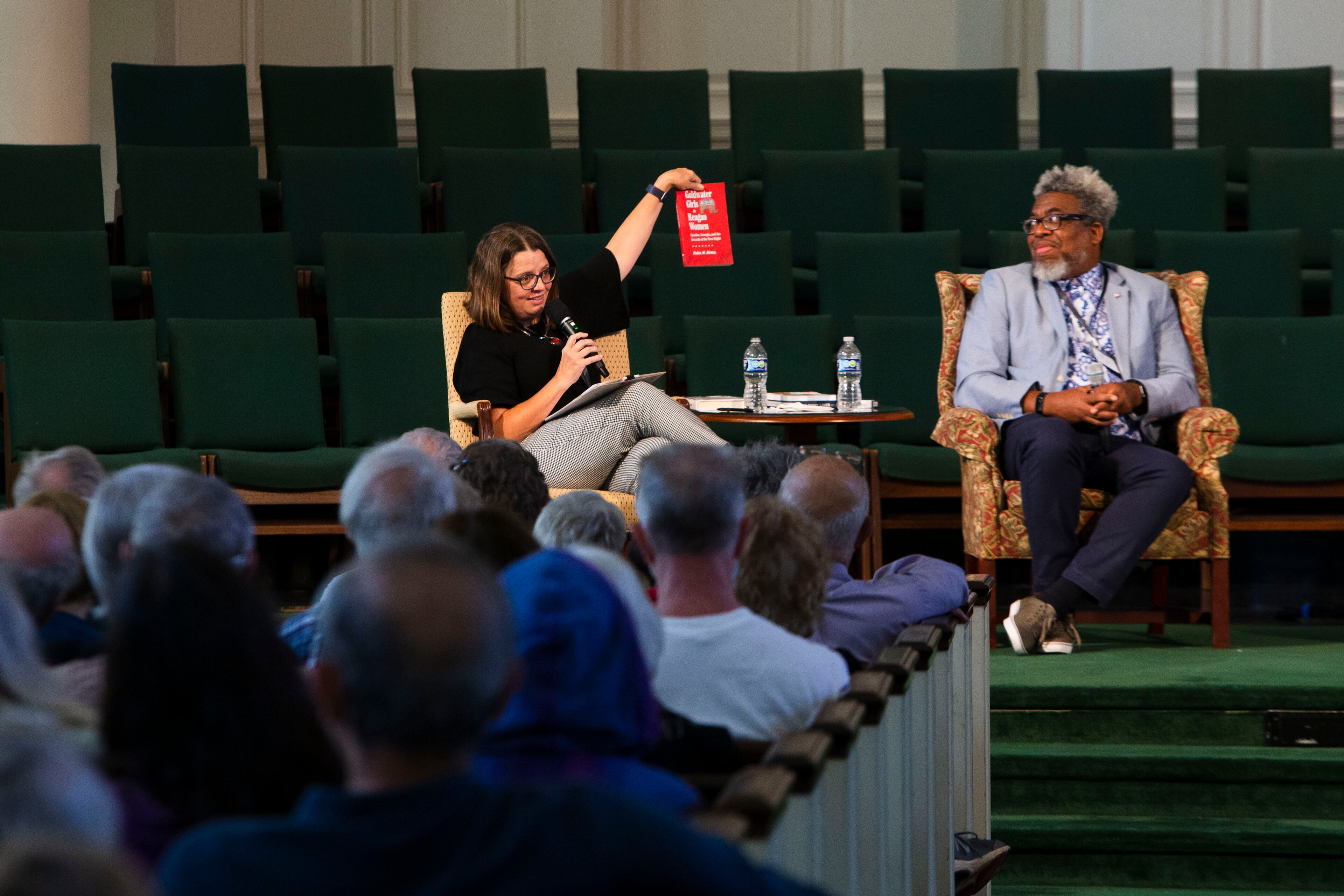 Robin Morris (left) moderates the panel "Georgia Politics Past & Present," featuring the AJC's Mike Luckovich, Ernie Suggs (right) and Greg Bluestein at the Decatur Book Festival on Saturday, October 1, 2022, at First Baptist Church of Decatur. CHRISTINA MATACOTTA FOR THE ATLANTA JOURNAL-CONSTITUTION.
