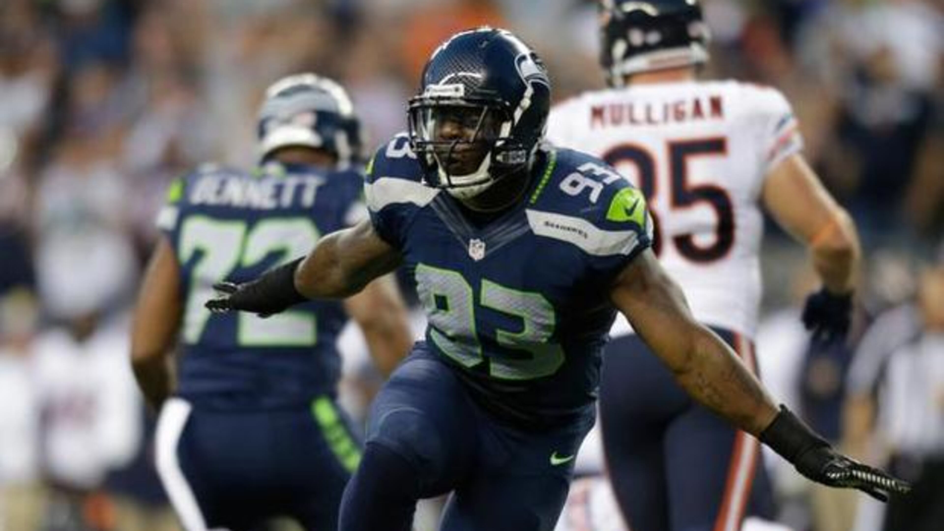 Former Seahawks defensive end O’Brien Schofield here celebrating a sack against the Bears in 2014. Schofield nearly signed with the Giants, last offseason but failed a physical. He's listed as an outside linebacker by the Falcons. JOHN FROSCHAUER — The Associated Press