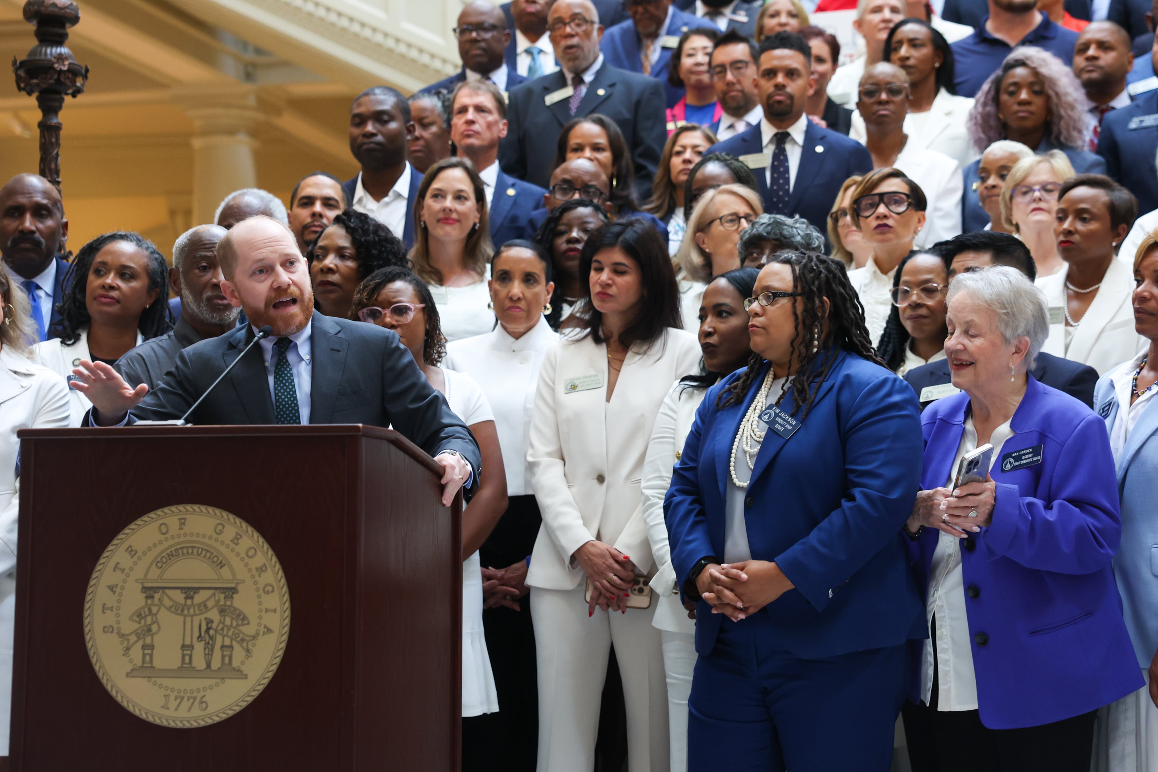 Democratic Party of Georgia Chair Charlie Bailey speaks at a press conference featuring House and Senate Democratic caucuses before the state legislature convenes for a special session in Atlanta on June 17, 2026. (Arvin Temkar/AJC)