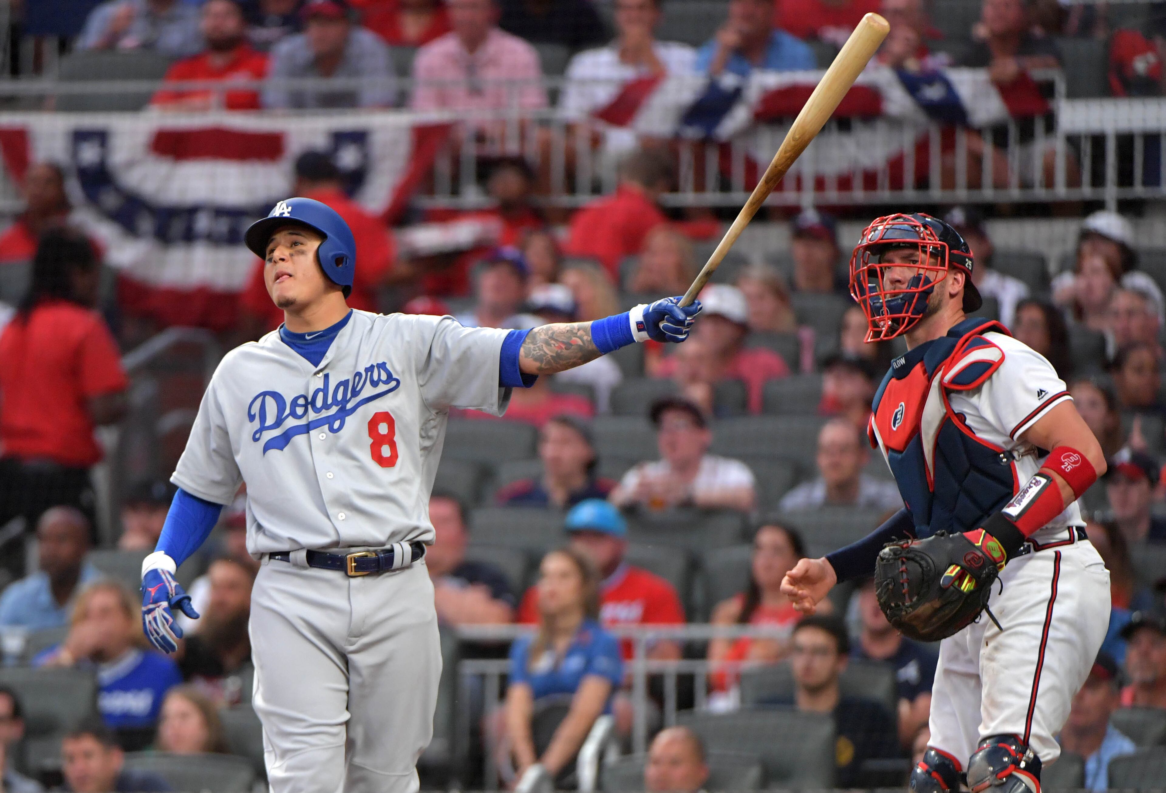 Manny Machado watches the flight of the ball during his three-run homer in the seventh, (Hyosub Shin/hshin@ajc.com)
