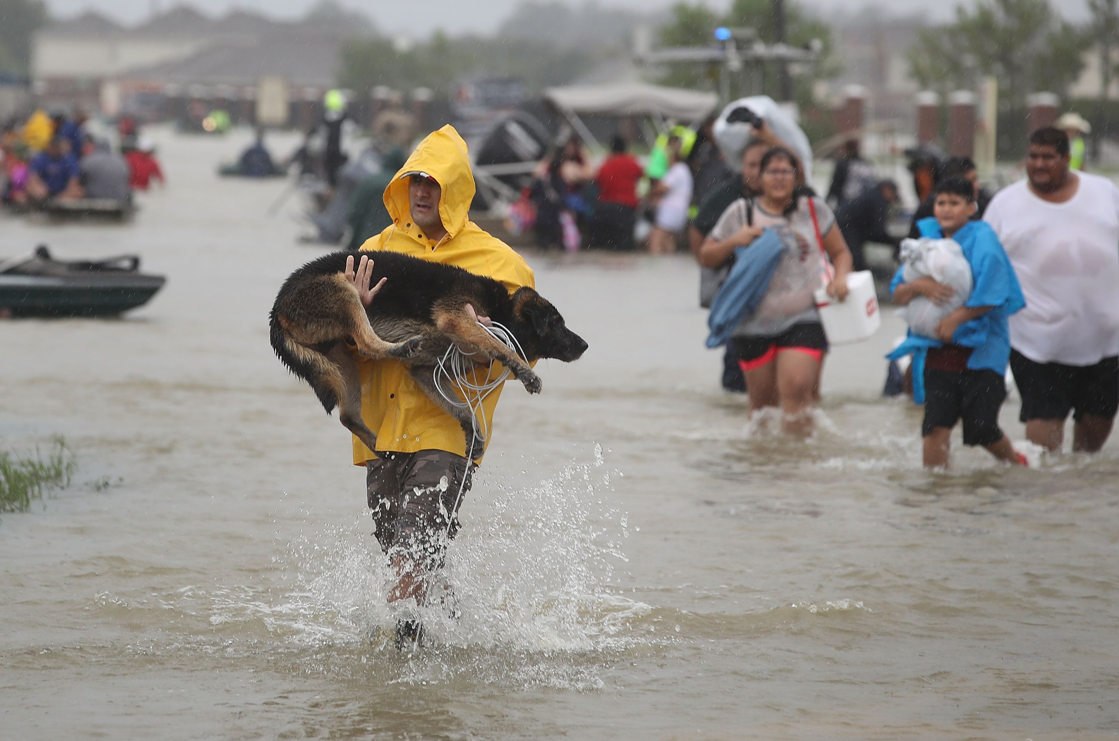 HOUSTON, TX - AUGUST 28: People evacuate their homes after the area was inundated with flooding from Hurricane Harvey on August 28, 2017 in Houston, Texas. Harvey, which made landfall north of Corpus Christi late Friday evening, is expected to dump upwards to 40 inches of rain in Texas over the next couple of days. (Photo by Joe Raedle/Getty Images)