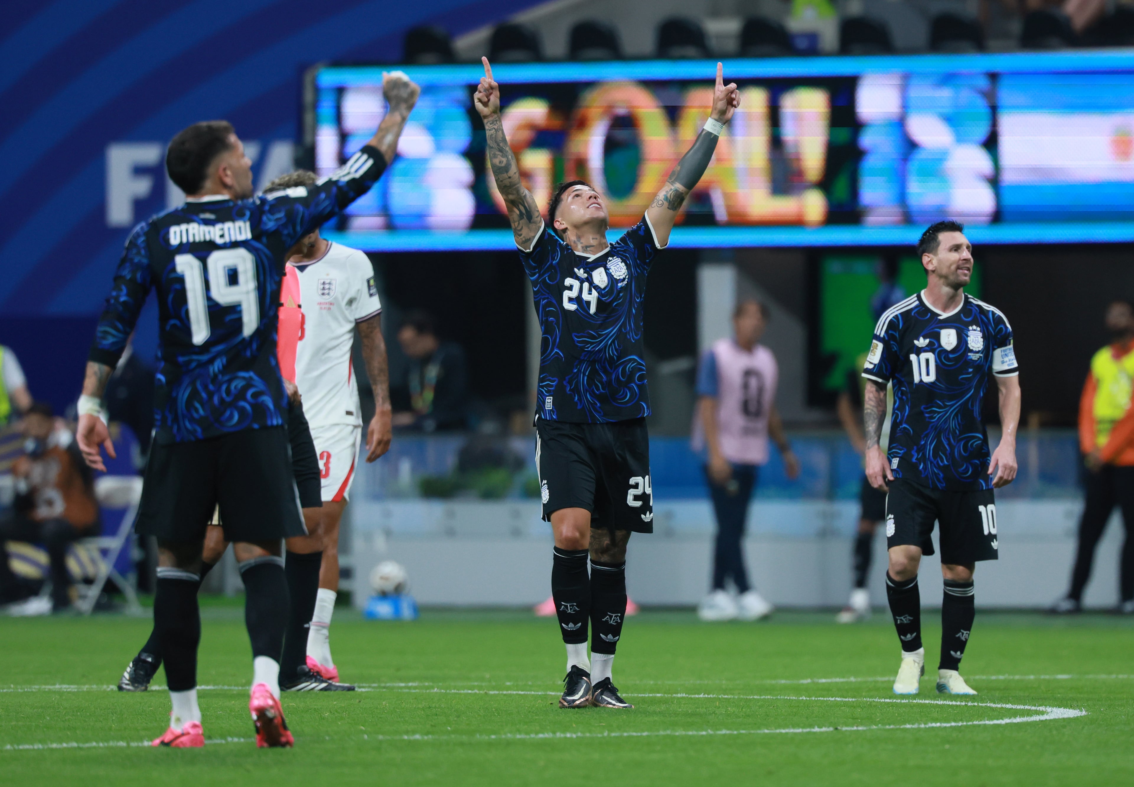 Argentina's Enzo Fernandez celebrates his goal to tie the game during second half of Argentina vs. England FIFA World Cup Semifinal match at Atlanta Stadium (Mercedes-Benz Stadium) on Wednesday, July 15, 2026. (Jason Getz/AJC)