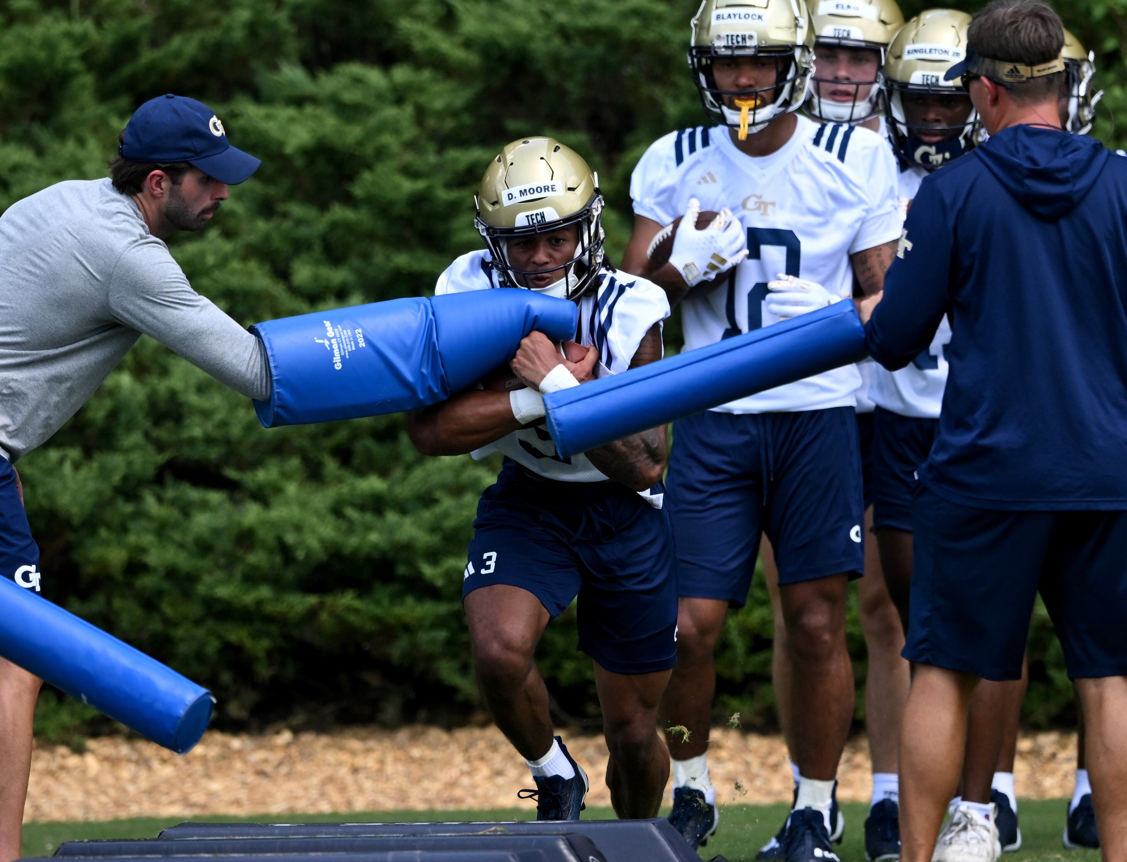 Georgia Tech's wide receiver D.J. Moore (3) runs a drill. (Hyosub Shin / Hyosub.Shin@ajc.com)