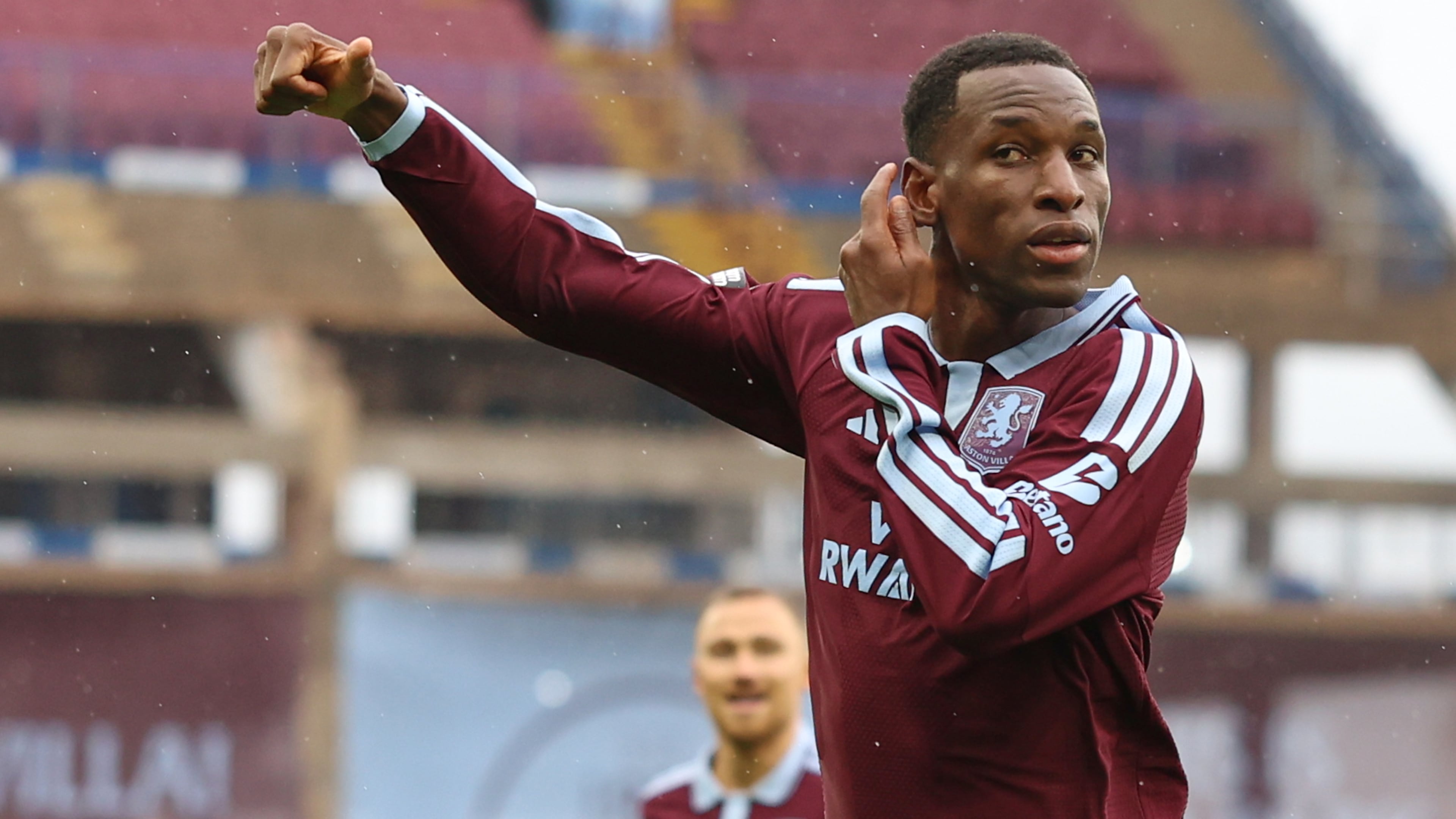 Aston Villa's Nicolas Jackson celebrates after scoring his side's opening goal during the English Premier League soccer match between Aston Villa and Manchester City in Birmingham, England, Saturday, Oct. 24, 2026. (AP Photo/Morgan Harlow)