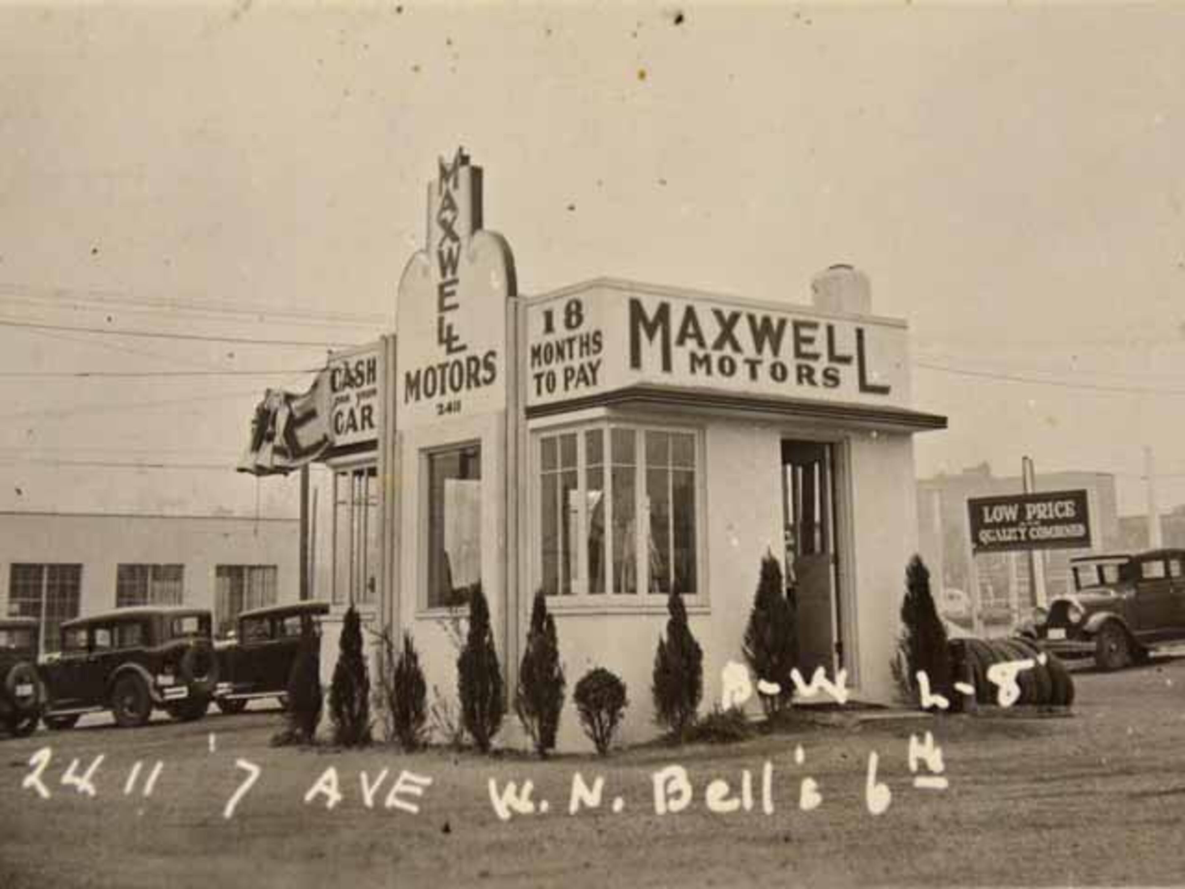 This photo of Maxwell Motors was taken in 1937. The building was built in 1935 and is now the resting spot for Seattle's famous Elephant Super Car Wash.