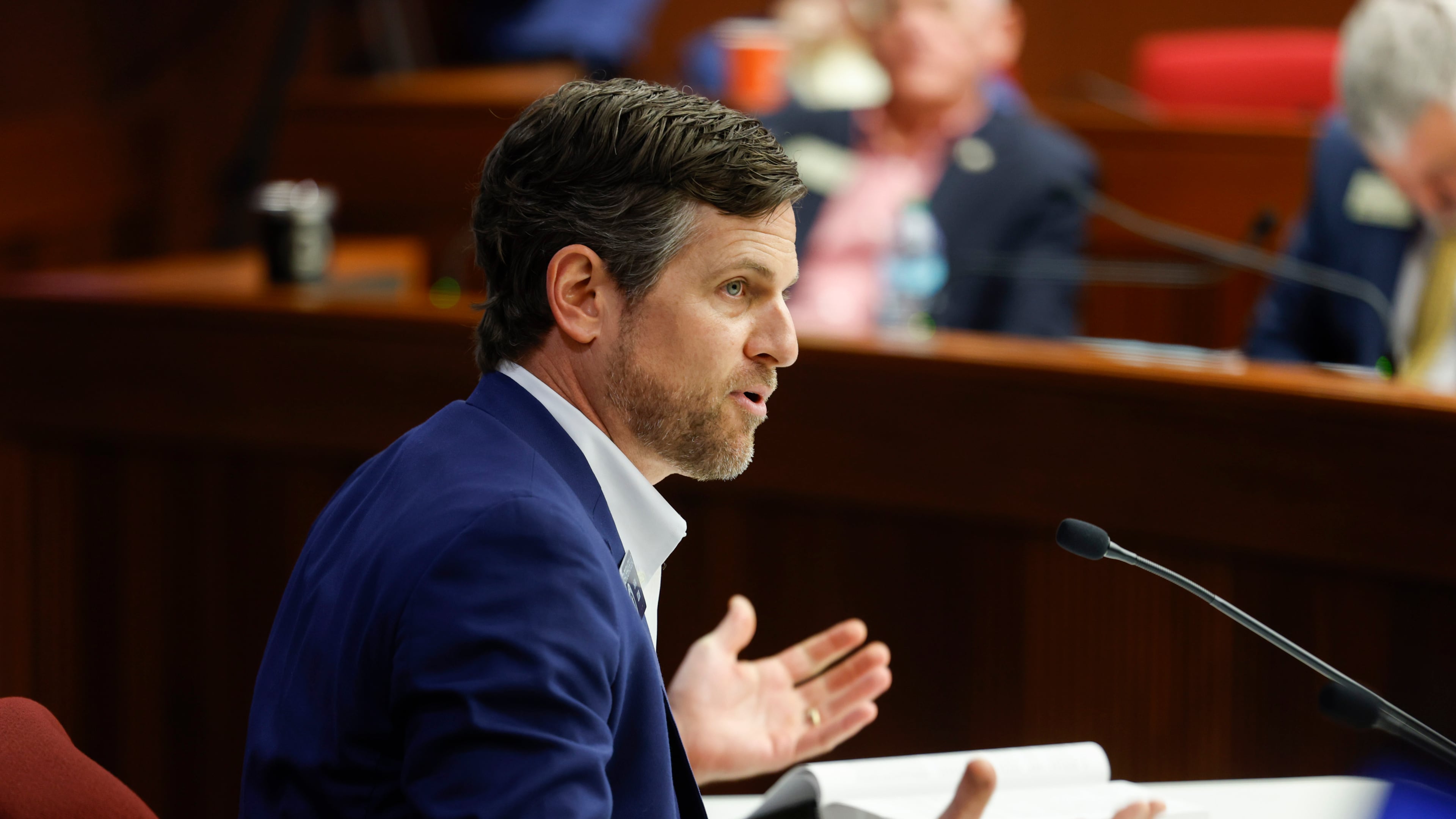 State Sen. Brian Strickland, R-McDonough, speaks on Senate Bill 482 during a House Public Safety and Homeland Security Committee meeting on Tuesday. The bill would make it harder for the public to obtain mug shots and police body camera footage. (Arvin Temkar/AJC)
