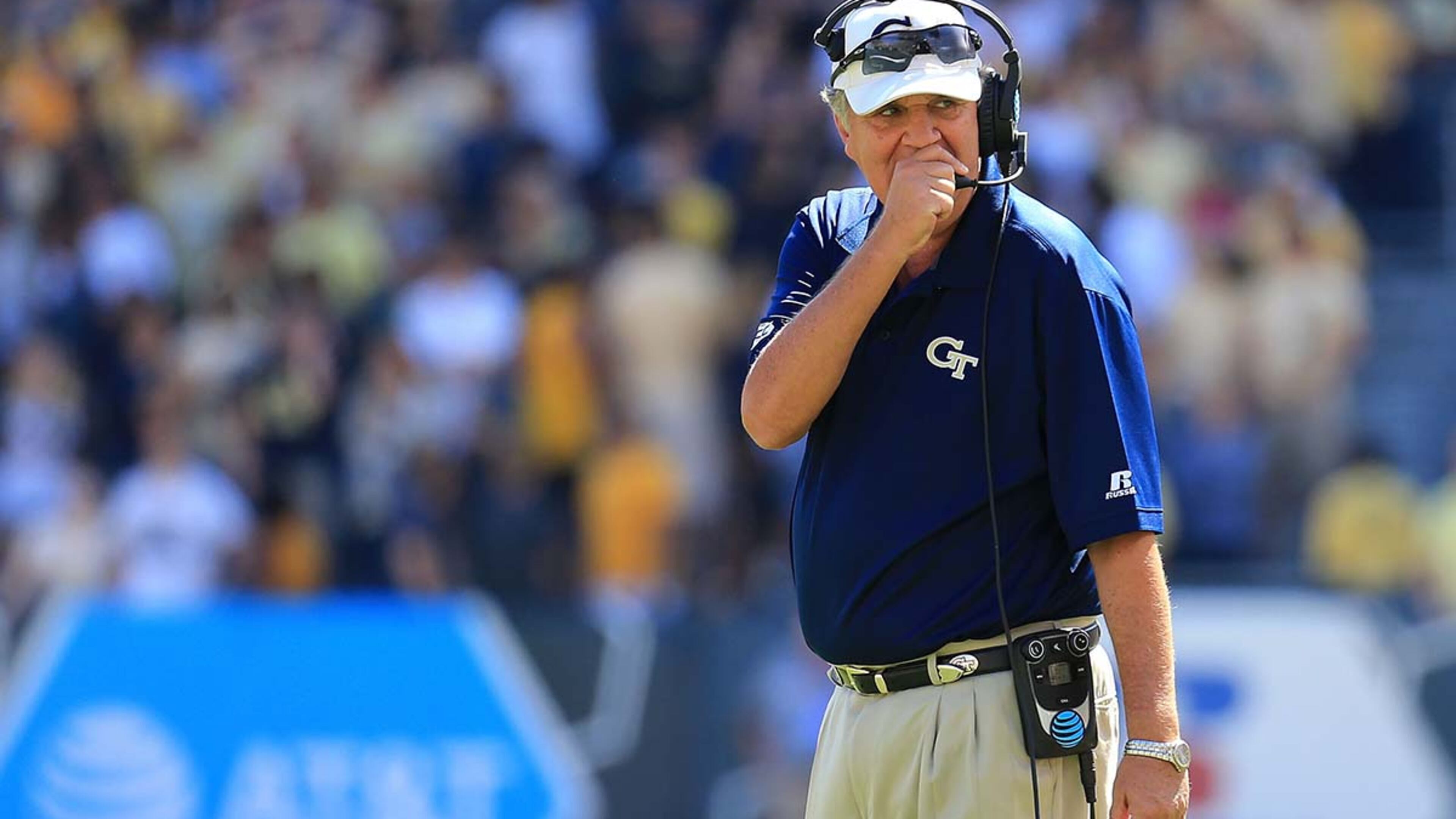 ATLANTA, GA - OCTOBER 01: Head coach Paul Johnson of the Georgia Tech Yellow Jackets speaks in his radio during the second half against the Miami Hurricanes at Bobby Dodd Stadium on October 1, 2016 in Atlanta, Georgia. Miami won 35-21. (Photo by Daniel Shirey/Getty Images)