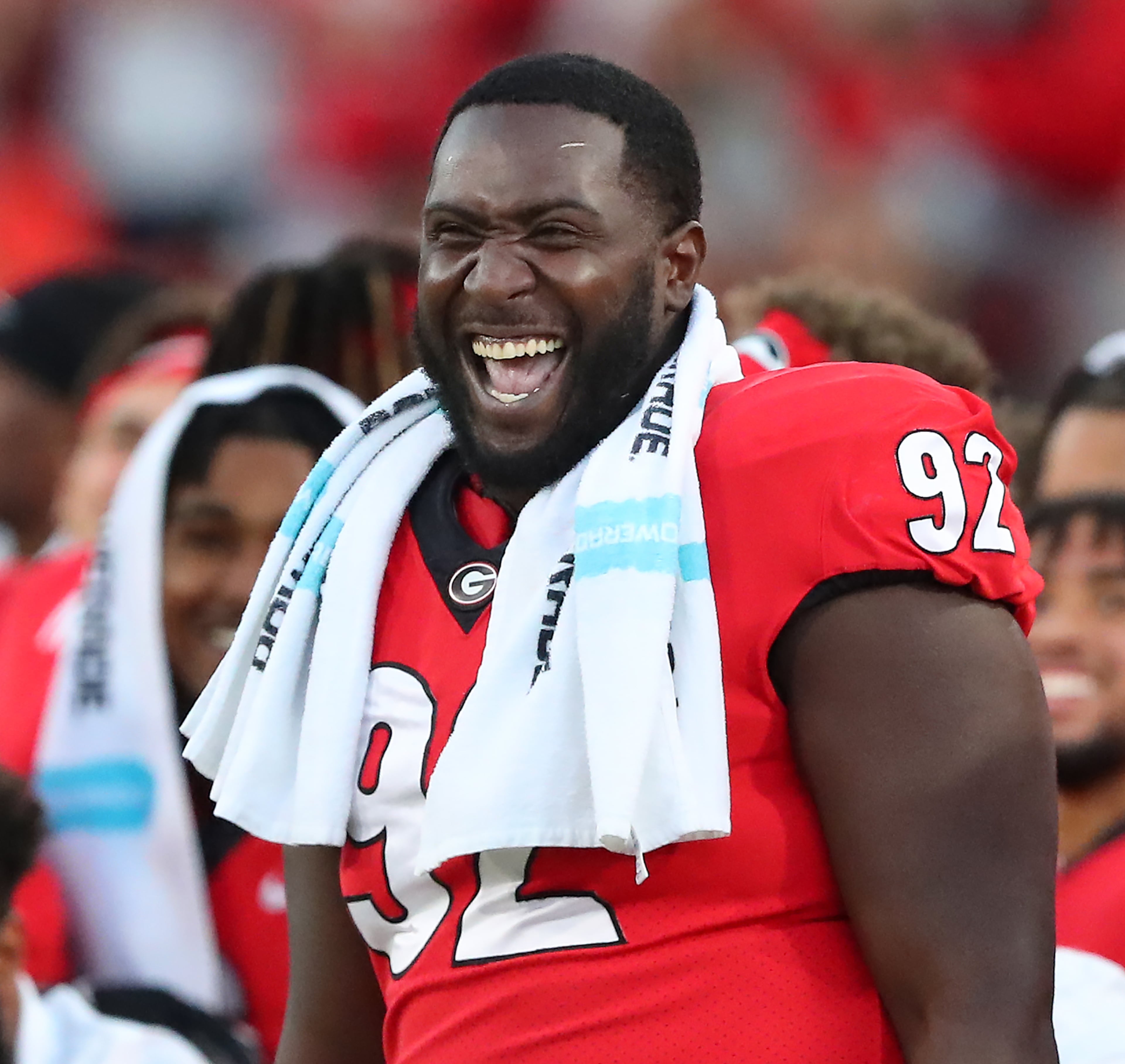 Georgia defensive lineman Julian Rochester is all smiles in the final minute of a 30-13 victory over Kentucky in a NCAA college football game on Saturday, Oct. 16, 2021, in Athens. “Curtis Compton / Curtis.Compton@ajc.com”