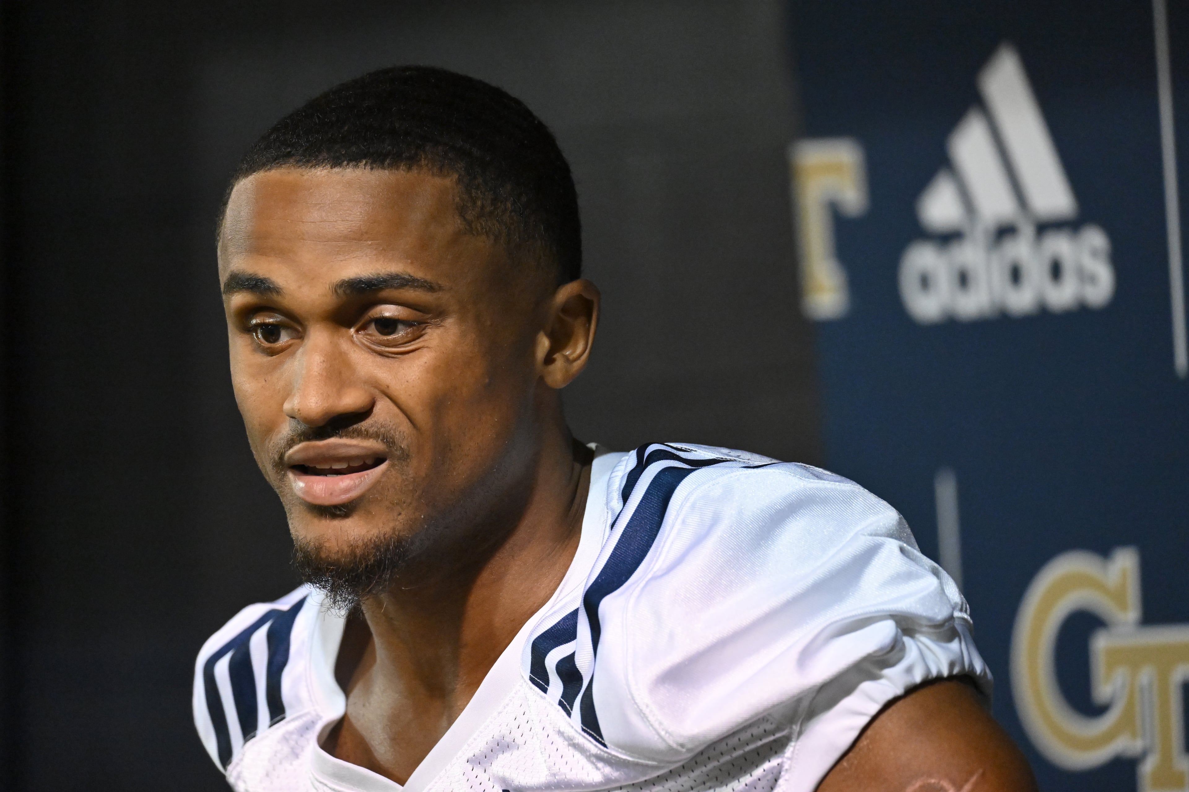 Georgia Tech's defensive back Myles Sims (0) speaks to members of the press during Georgia Tech Football Media Day at Rose Bowl Field on Georgia Tech Campus in Atlanta on Saturday, August 6 2022. (Hyosub Shin / Hyosub.Shin@ajc.com)