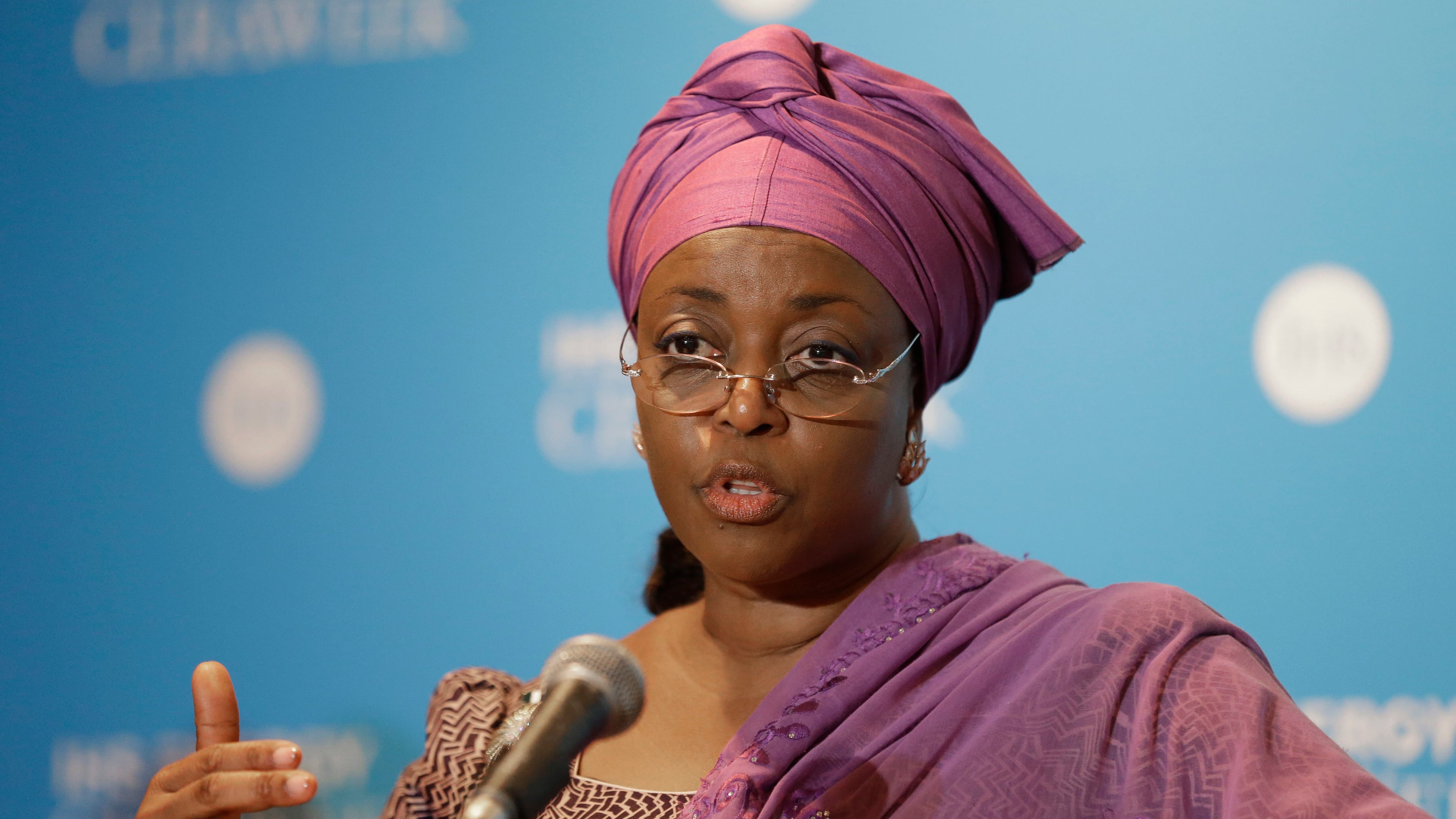 FILE - Former Petroleum Resources Minister Diezani Alison-Madueke answers a question following a speech at the IHS CERAWeek, in Houston, March 4, 2014. (AP Photo/Pat Sullivan, File)
