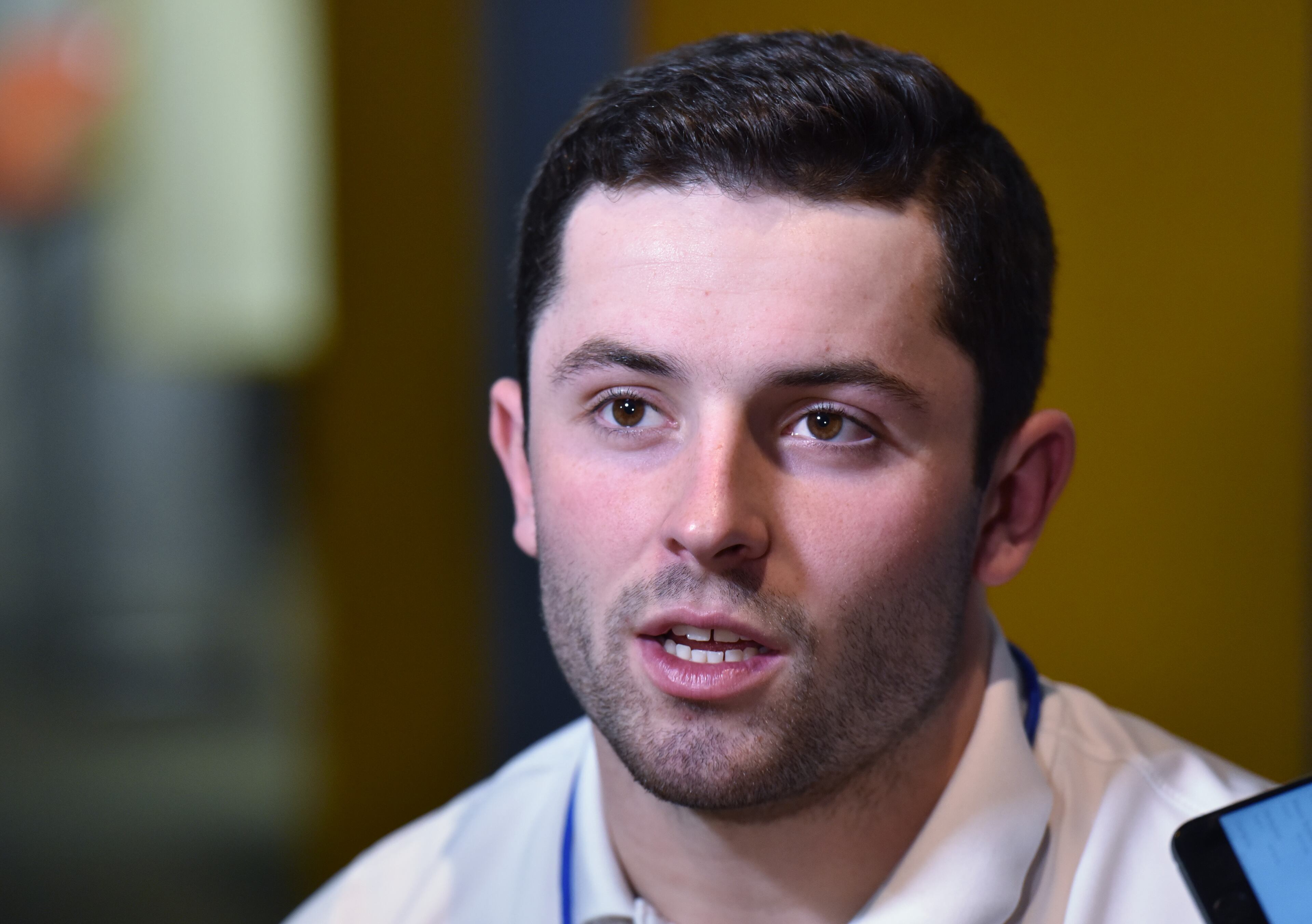 December 6, 2017 Atlanta - Oklahoma quarterback Baker Mayfield speaks to members of the press a day before the "College Football Awards" show at College Football Hall of Fame on Wednesday, December 6, 2017. HYOSUB SHIN / HSHIN@AJC.COM