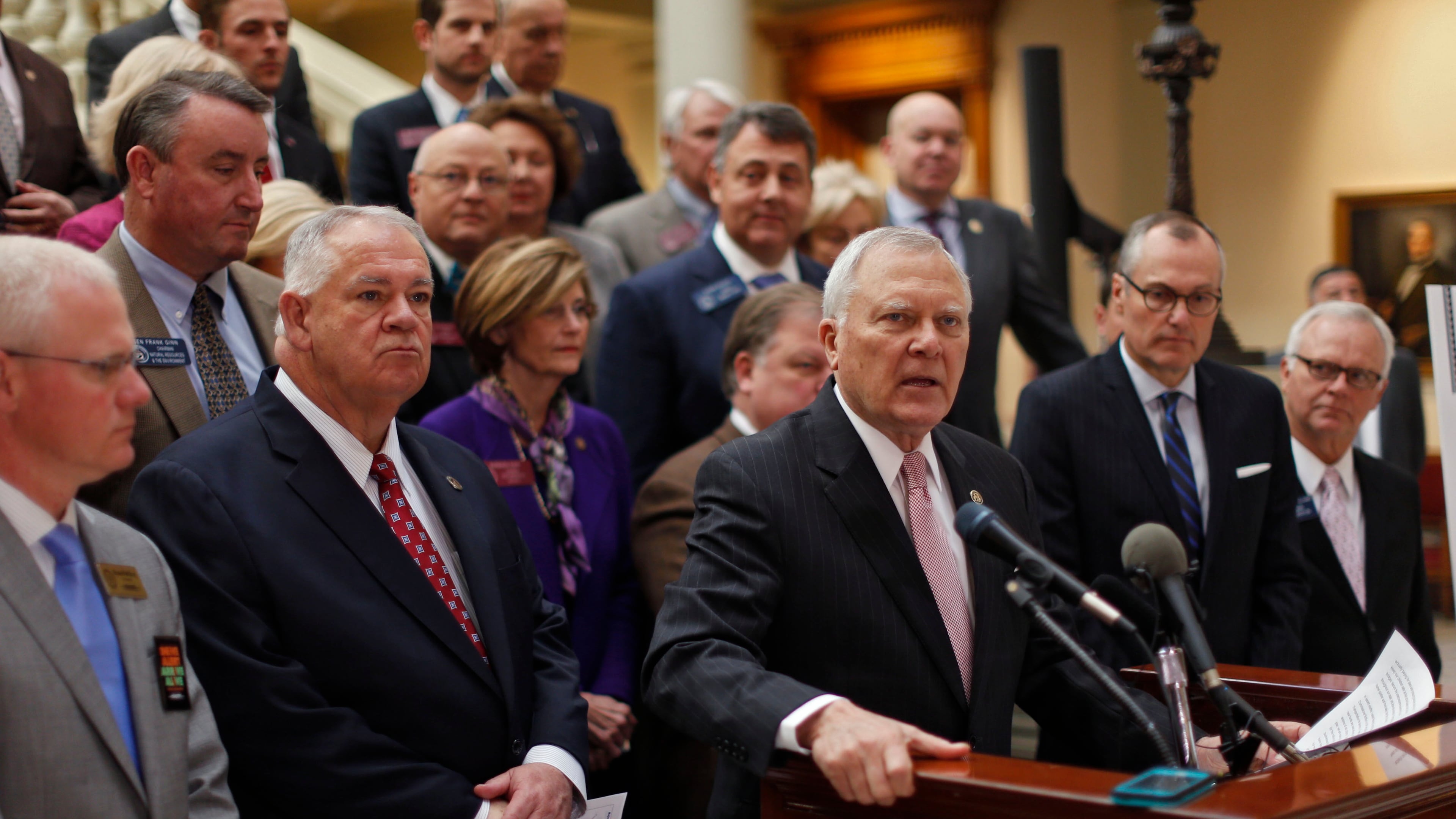 Gov. Nathan Deal, flanked by House Speaker David Ralston on the left and Lt. Gov. Casey Cagle on the right, on Tuesday discusses massive expansion plans for metro Atlanta interstates.
