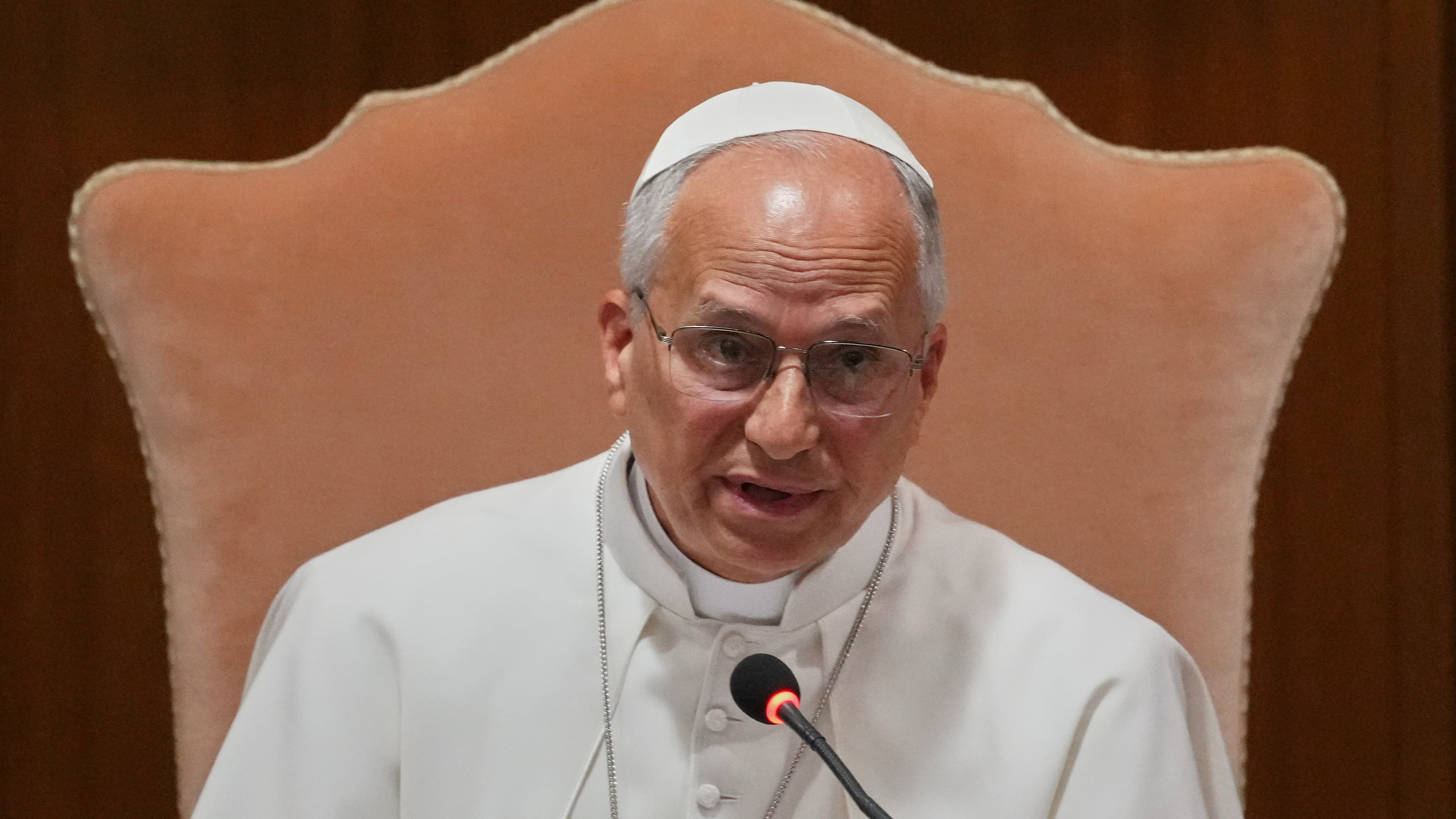 Pope Leo XIV speaks during the presentation of his first encyclical, "Magnifica humanitas: On Safeguarding the Human Person in the Time of Artificial Intelligence," at the Vatican, Monday, May 25, 2026. (AP Photo/Alessandra Tarantino)