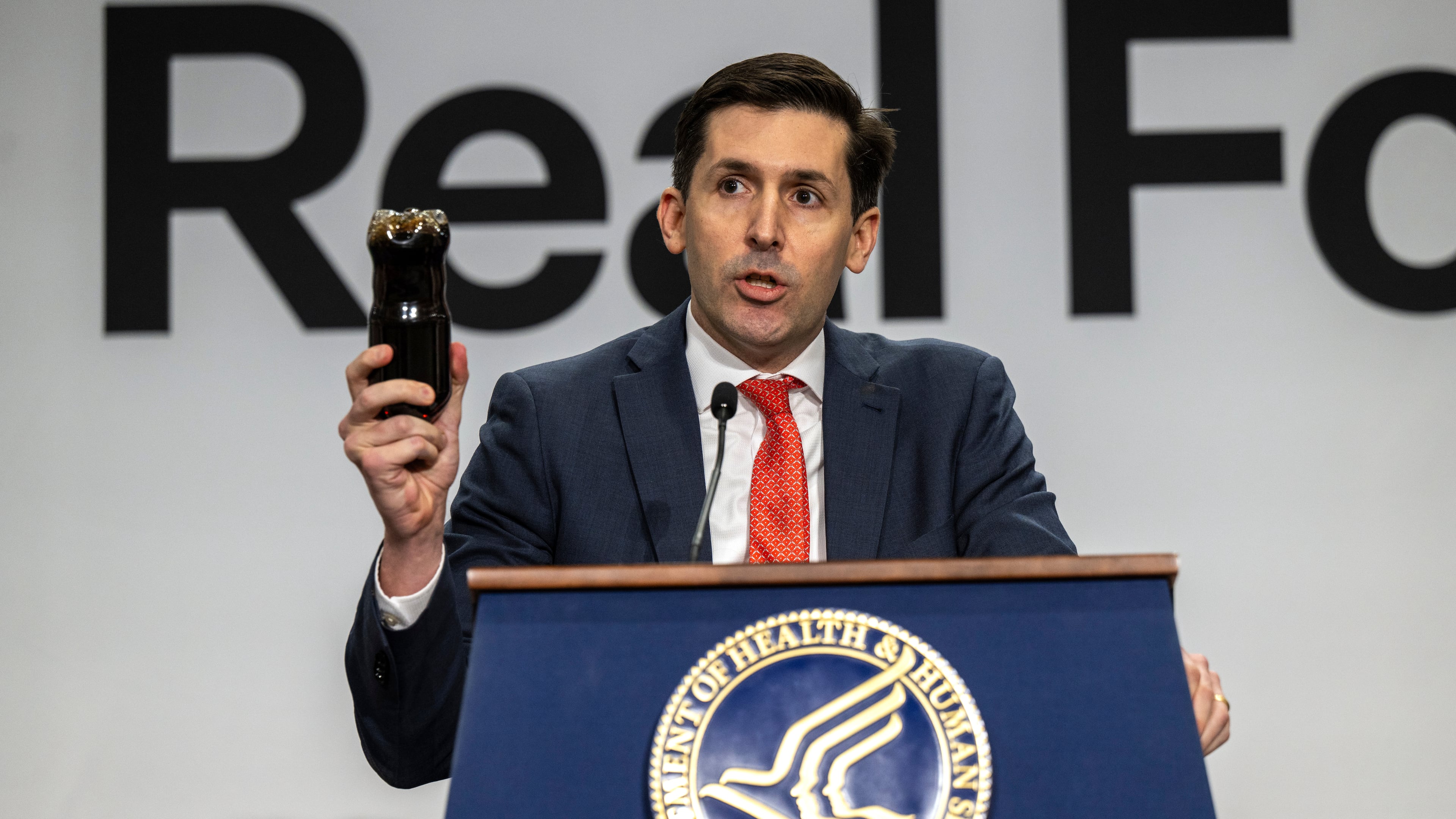 In this image provided by the U.S. Department of Agriculture, Calley Means, senior advisor for the U.S. Department of Health and Human Services, delivers remarks at HHS Headquarters in Washington, Feb. 11, 2026. (Christophe Paul/USDA via AP)