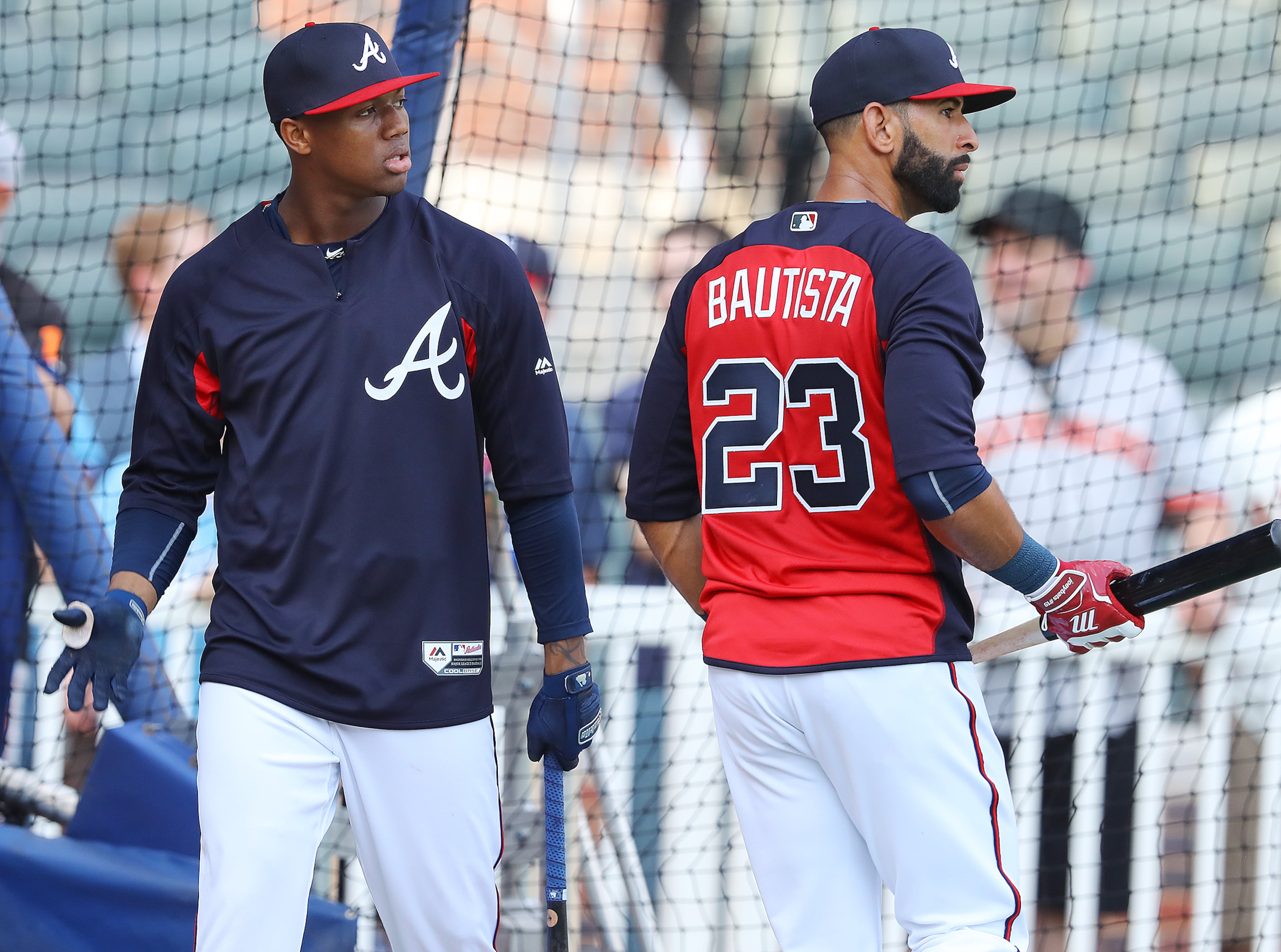May 4, 2018 Atlanta: Atlanta Braves Jose Bautista joins Ronald Acuna Jr. for batting practice before playing the Giants in MLB baseball game on Friday, May 4, 2018, in Atlanta. Bautista was called up to start his first game with the Braves. Curtis Compton/ccompton@ajc.com