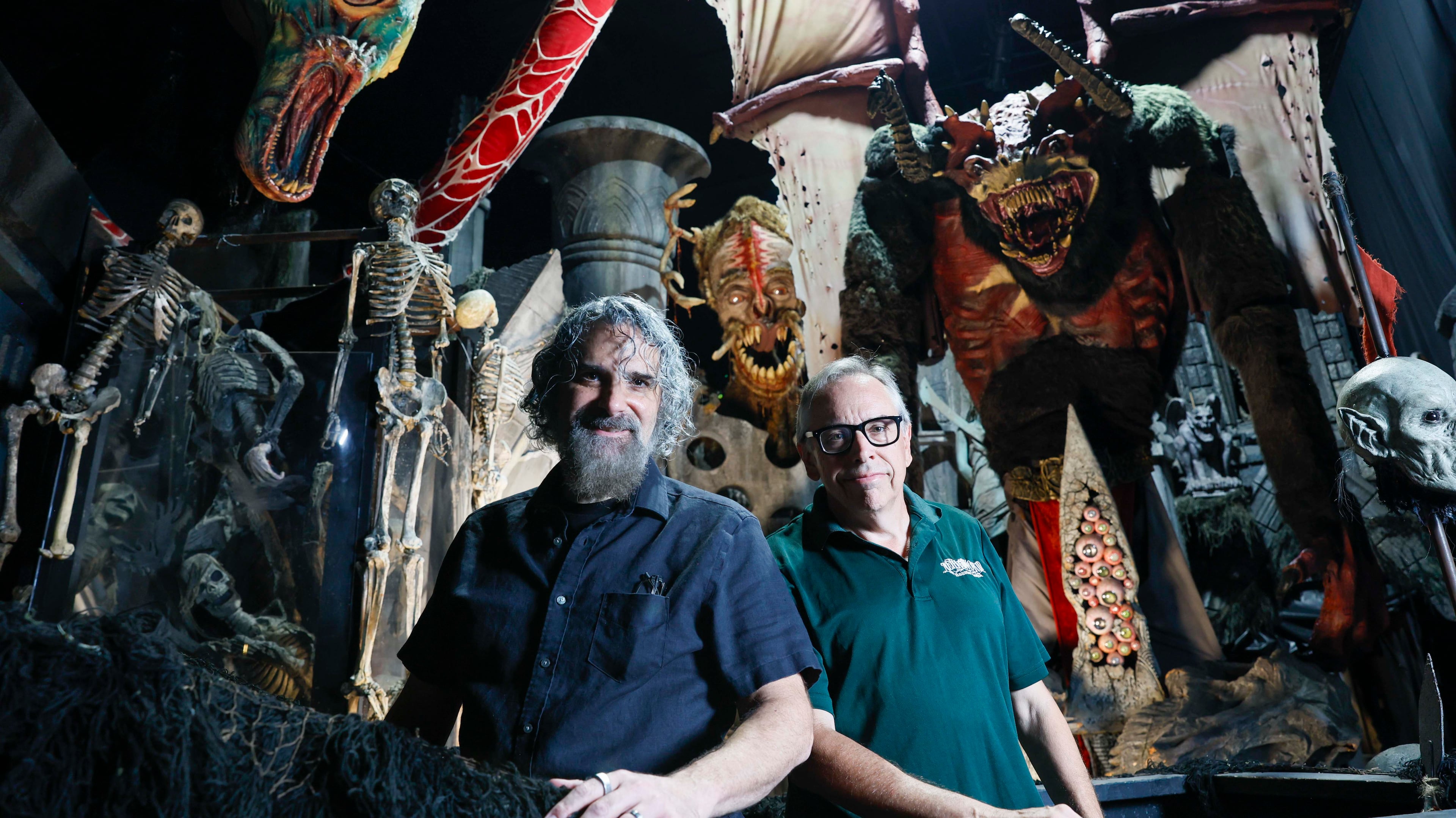 Billy Messina (left) and Ben Armstrong, the founders of Netherworld, pose for a photo at one of the haunted houses in Stone Mountain, Atlanta, on Thursday, Sept. 10, 2026. As they enter their 30th season, Netherworld operates two haunted attractions in a 70,000-square-foot warehouse and employs about 500 people each season. (Miguel Martinez/AJC)