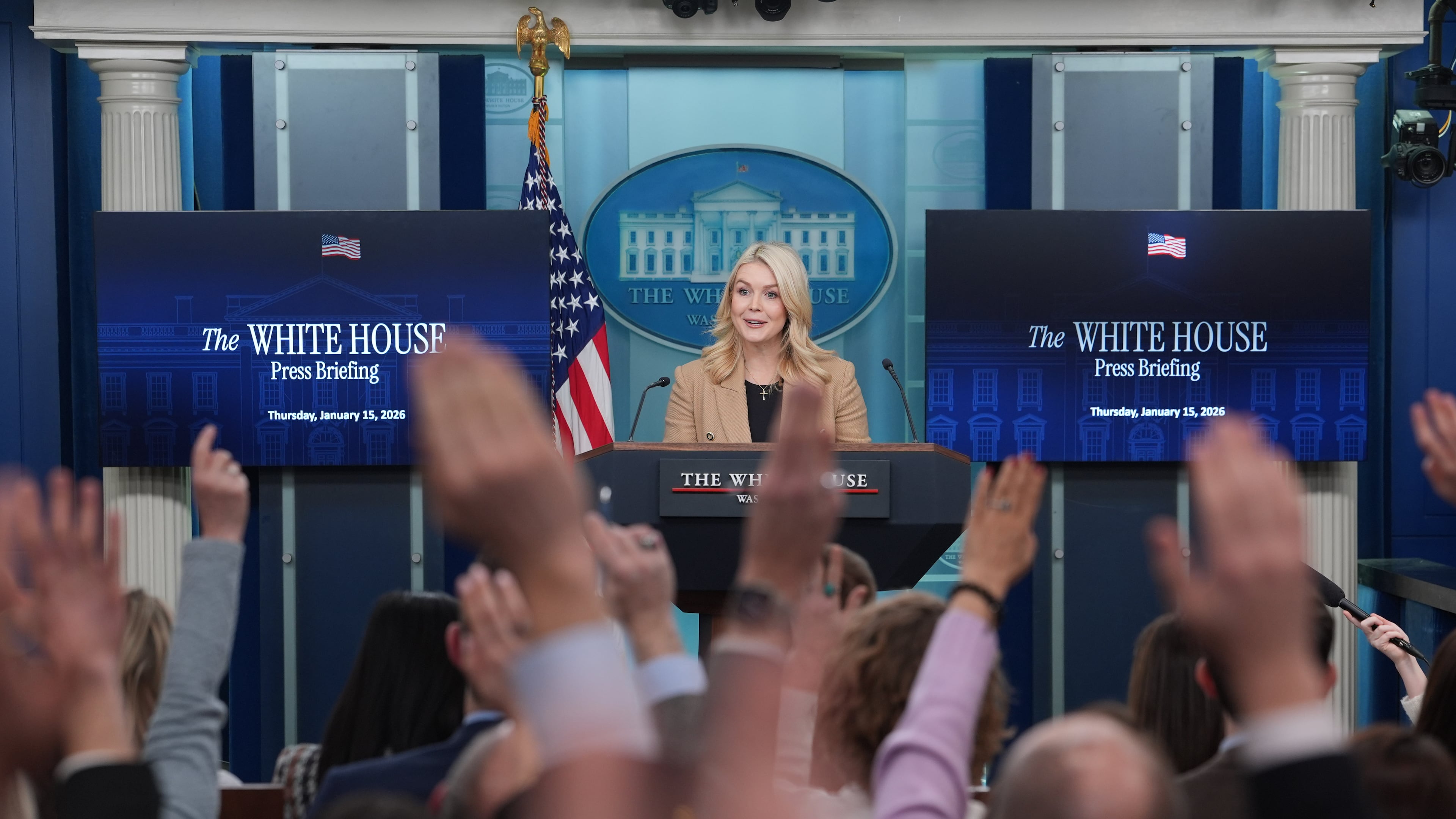 White House press secretary Karoline Leavitt speaks with reporters in the James Brady Press Briefing Room at the White House, Thursday, Jan. 15, 2026, in Washington. (AP Photo/Evan Vucci)