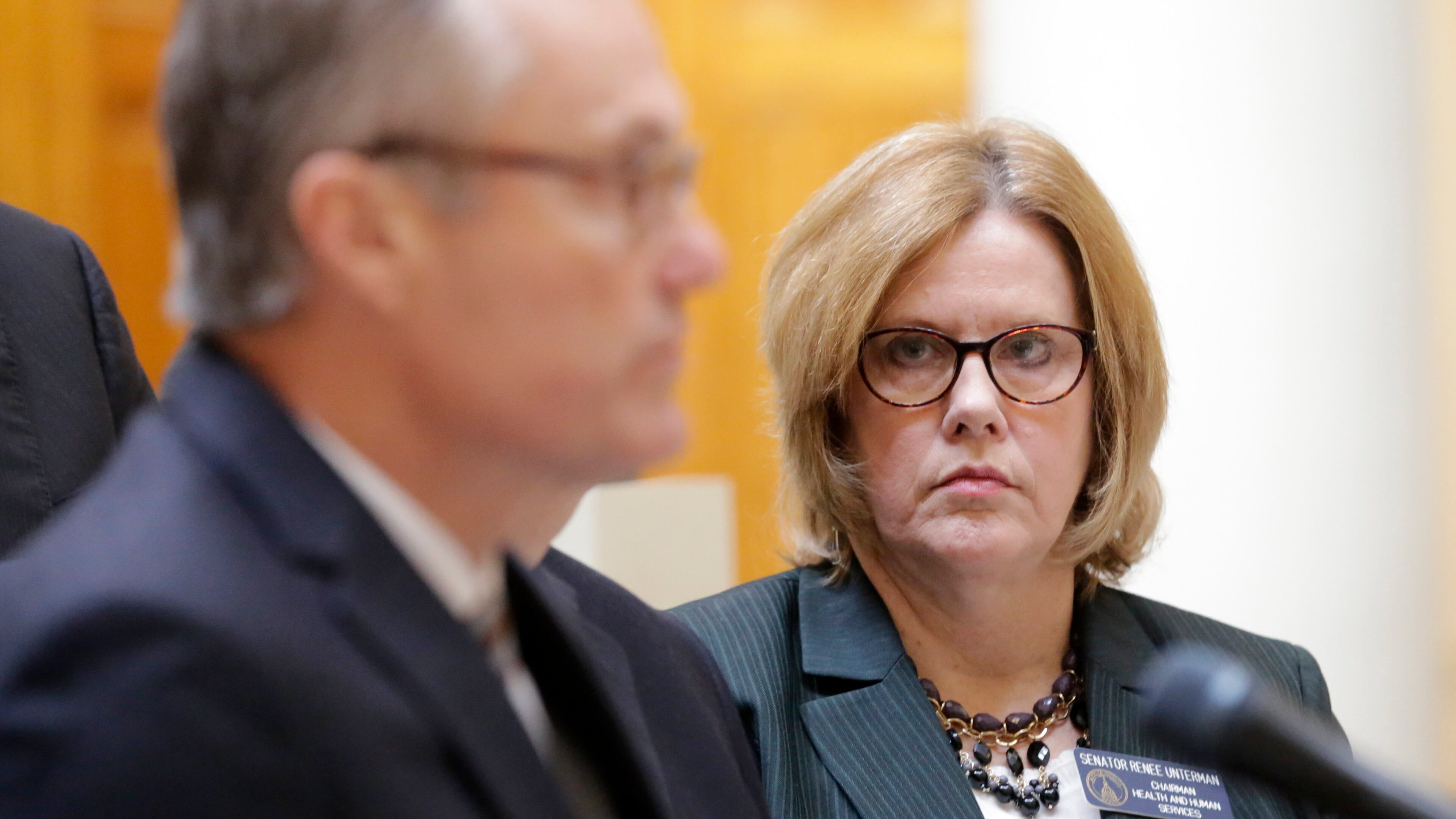 State Sen. Renee Unterman, R-Buford, looks on as Lt. Gov. Casey Cagle speaks at a press conference earlier this year. BOB ANDRES /BANDRES@AJC.COM