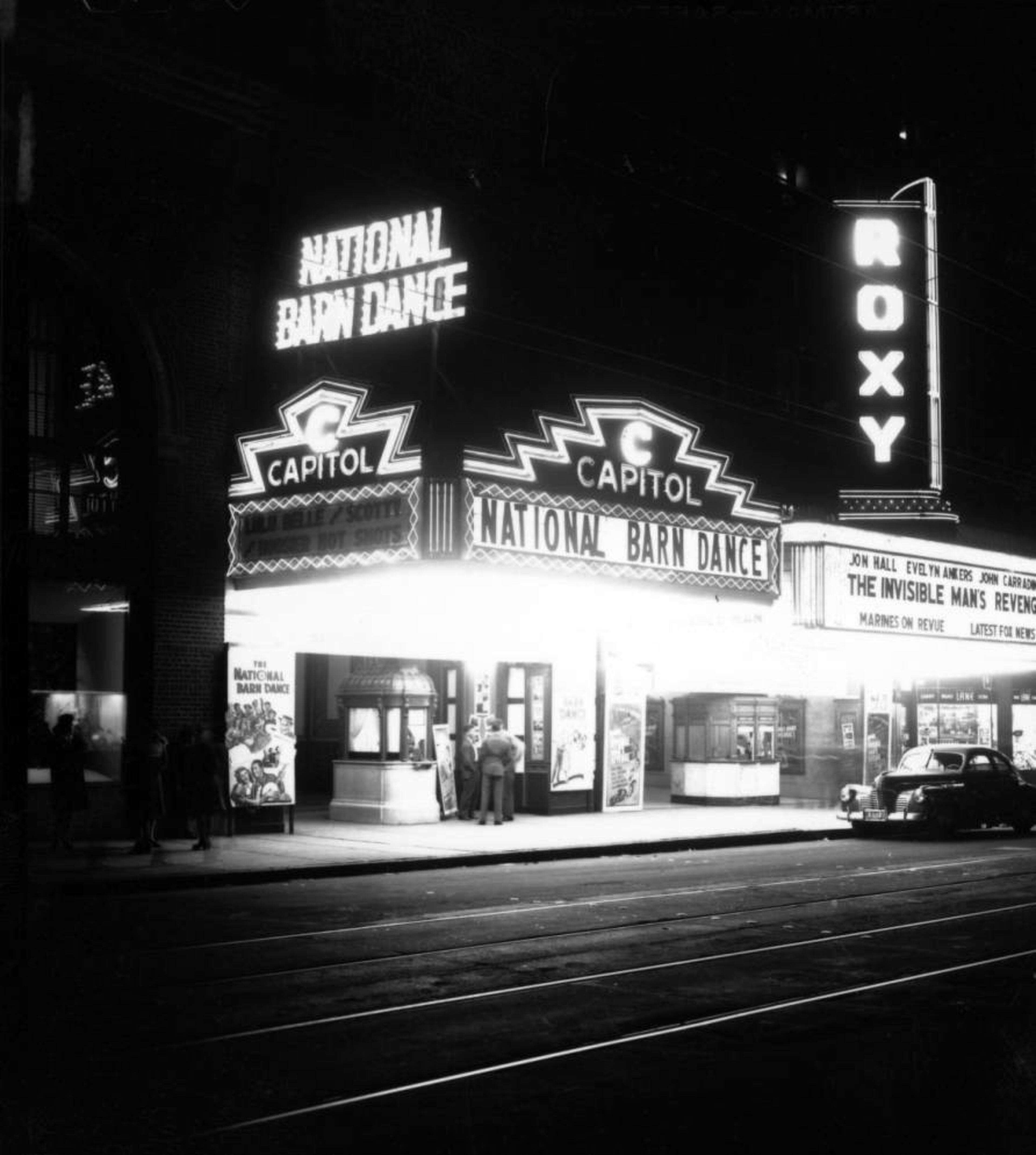 In April of 1944, World War II woes were eased by such diversions as National Barn Dance at the Capitol theater and 'The Invisible Man's Revenge' at the Roxy. The Westin Peachtree Plaza hotel now occupies the site of the theatres.