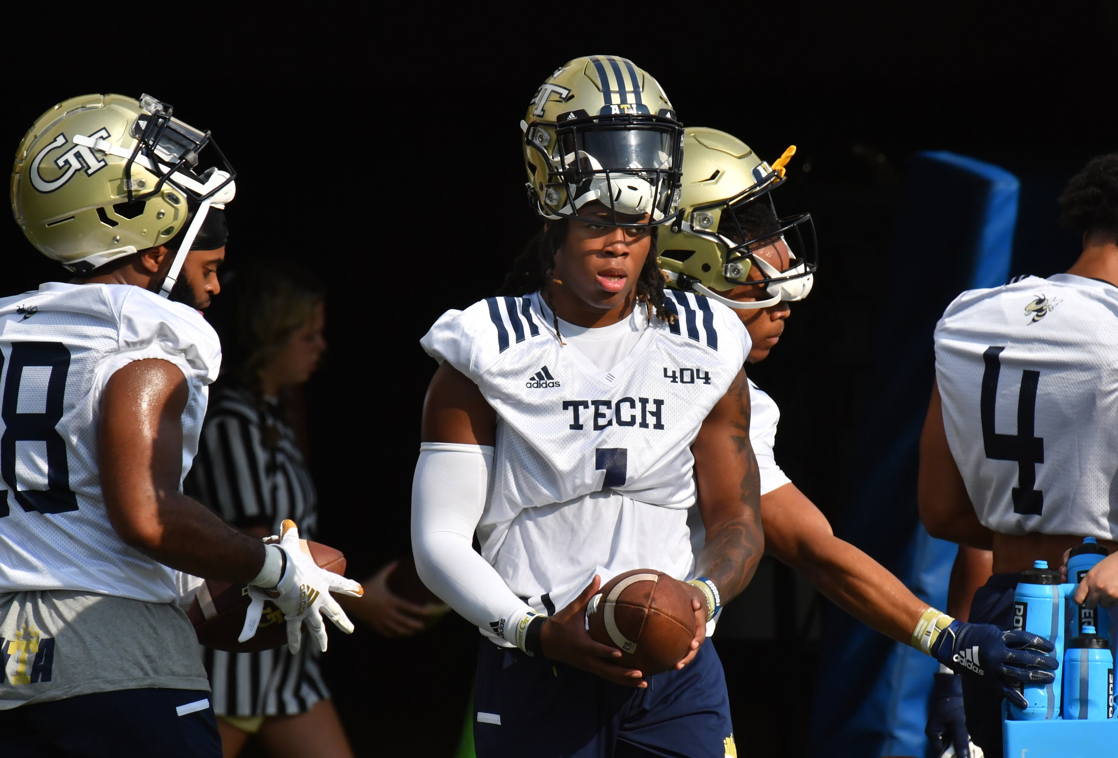 Georgia Tech's running back Jahmyr Gibbs (1) takes s water break during a football practice at Rose Bowl Field on Georgia Tech Campus in Atlanta on Friday, August 6, 2021. (Hyosub Shin / Hyosub.Shin@ajc.com)