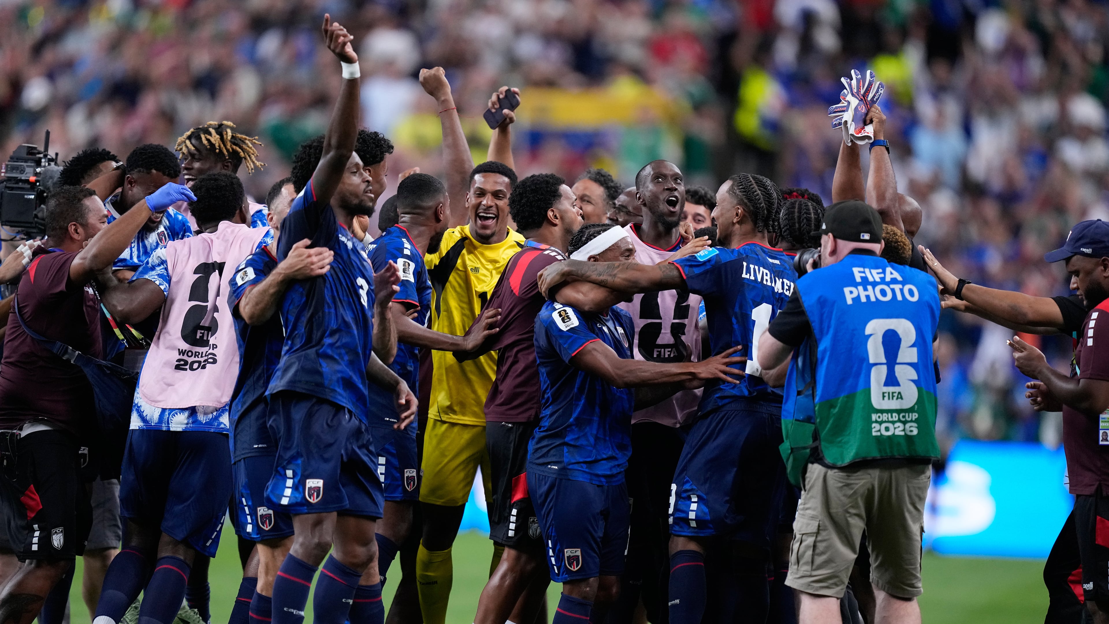 Cape Verde team members celebrate after the World Cup Group H soccer match between Cape Verde and Saudi Arabia in Houston, Friday, June 26, 2026. (AP Photo/Ashley Landis)