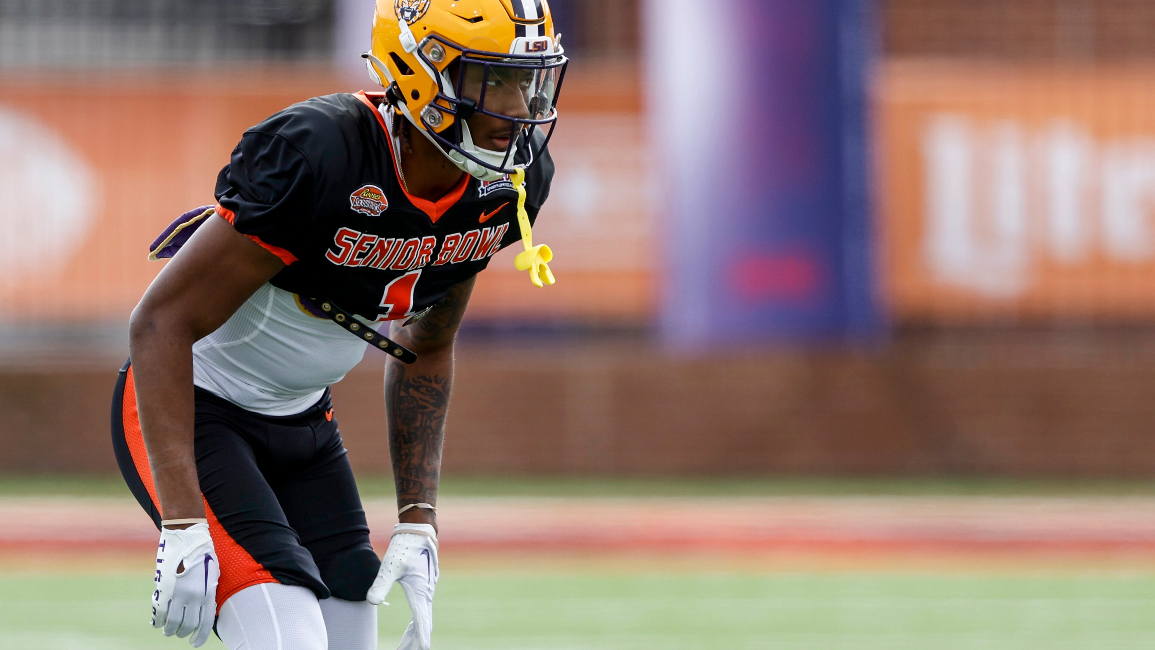 American defensive back Jay Ward of LSU (1) and Colquitt County runs drills during practice for the Senior Bowl NCAA college football game Wednesday, Feb. 1, 2023, in Mobile, Ala.. He went on to get drafted in the fourth-round by the Minnesota Vikings. (AP Photo/Butch Dill)