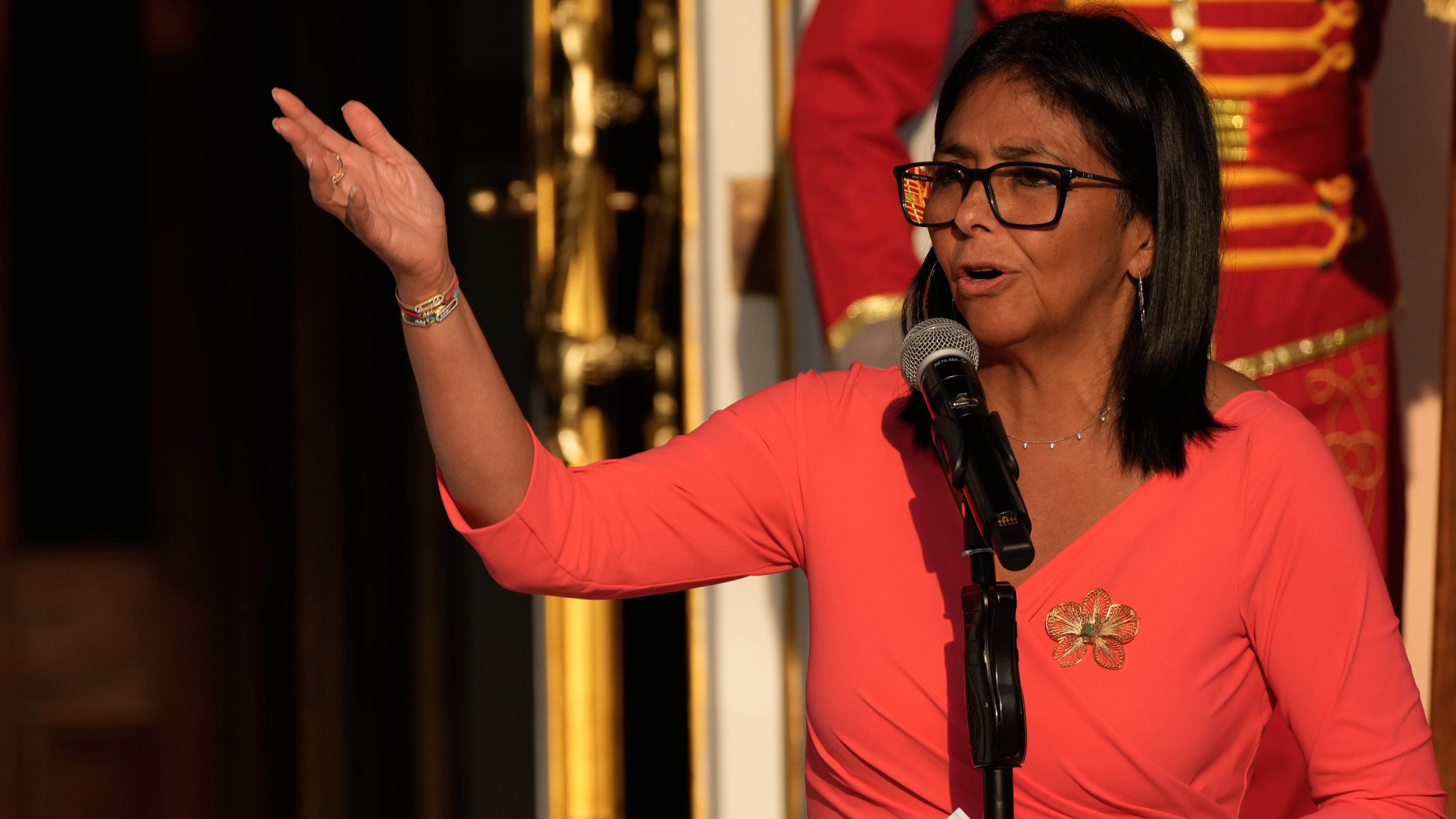 Venezuela's acting President Delcy Rodriguez speaks at Miraflores Palace during a meeting with Colombian President Gustavo Petro in Caracas, Venezuela, Friday, April 24, 2026. (AP Photo/Ariana Cubillos)