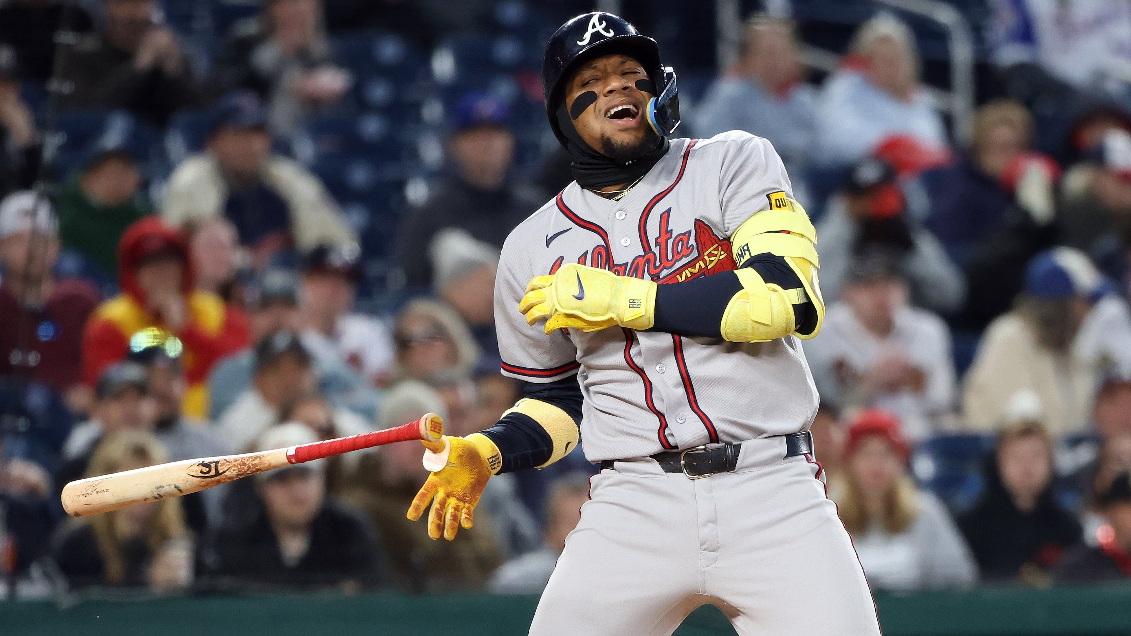 Ronald Acuña Jr. is hit by a pitch during the fourth inning of a baseball game against the Nationals on Monday, April 20, 2026, in Washington. The Braves star was hit by two different pitches, leaving the game in the sixth inning. (Daniel Kucin Jr./AP)
