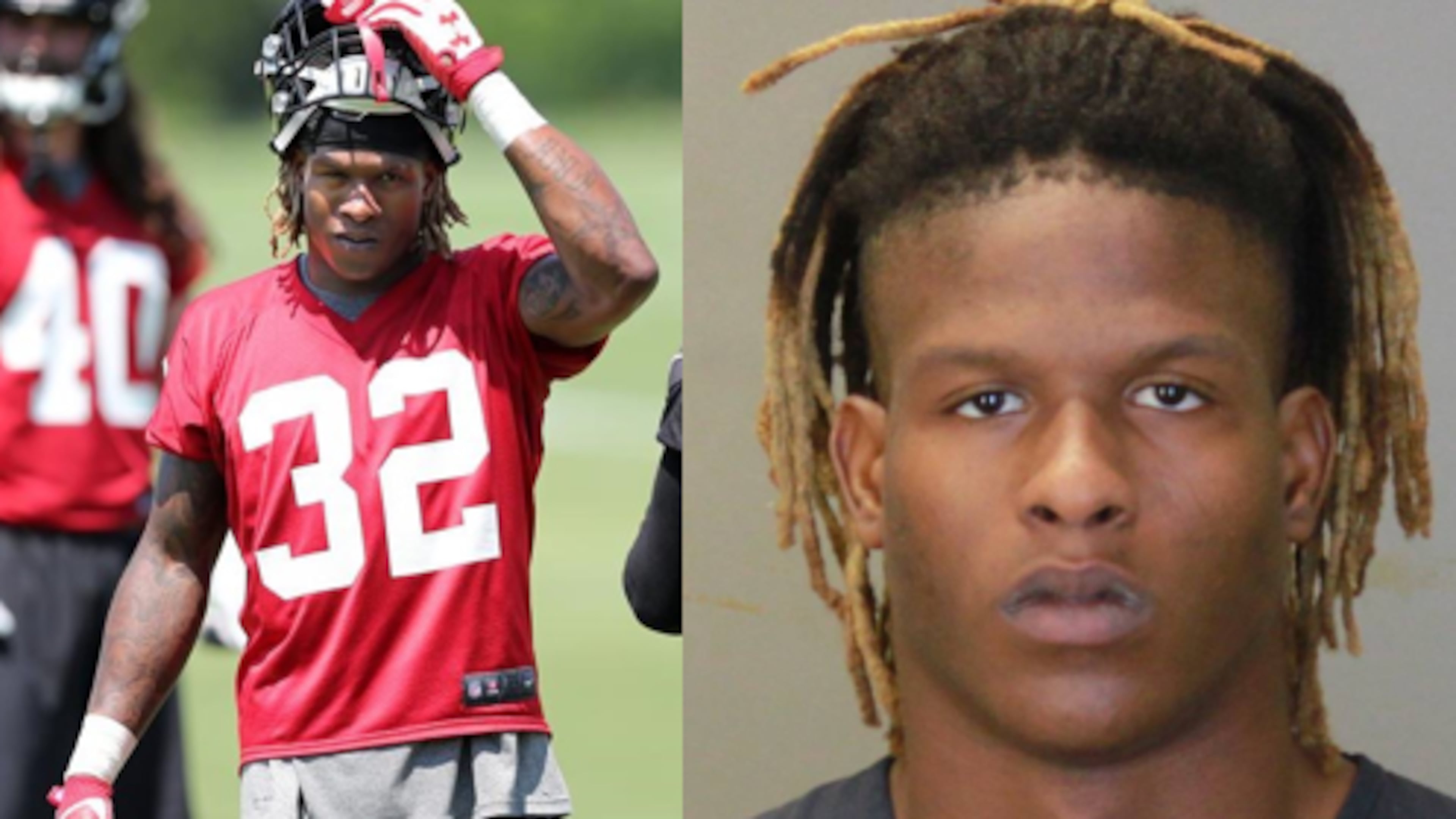 Justin Crawford, who briefly signed with the Atlanta Falcons, has been accused of having sex with a 12-year-old child. (Photos: AJC's Curtis Compton (left) and Columbus Ledger-Enquirer)