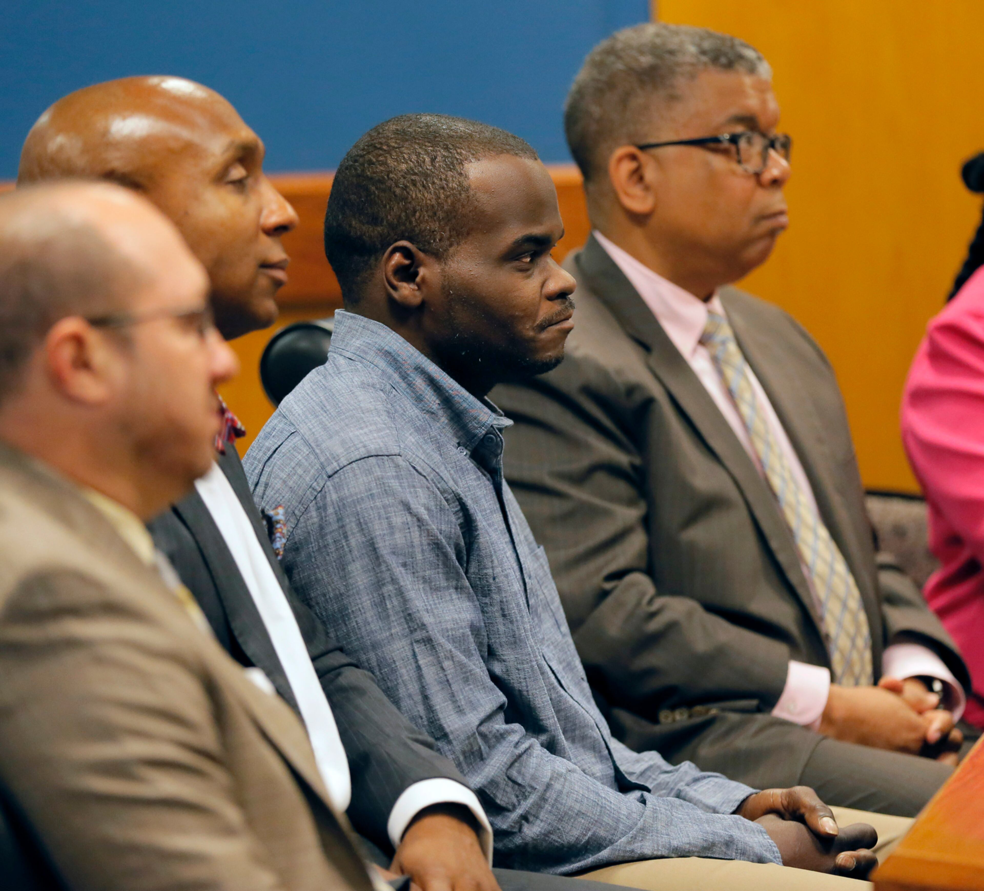 April 18, 2017 - Atlanta - Basil Eleby (center), the homeless man accused of setting the fire that brought down a chunk of Interstate 85, is expected to be released on bond after pleading not guilty to arson and criminal trespass charges in court Tuesday morning. BOB ANDRES /BANDRES@AJC.COM