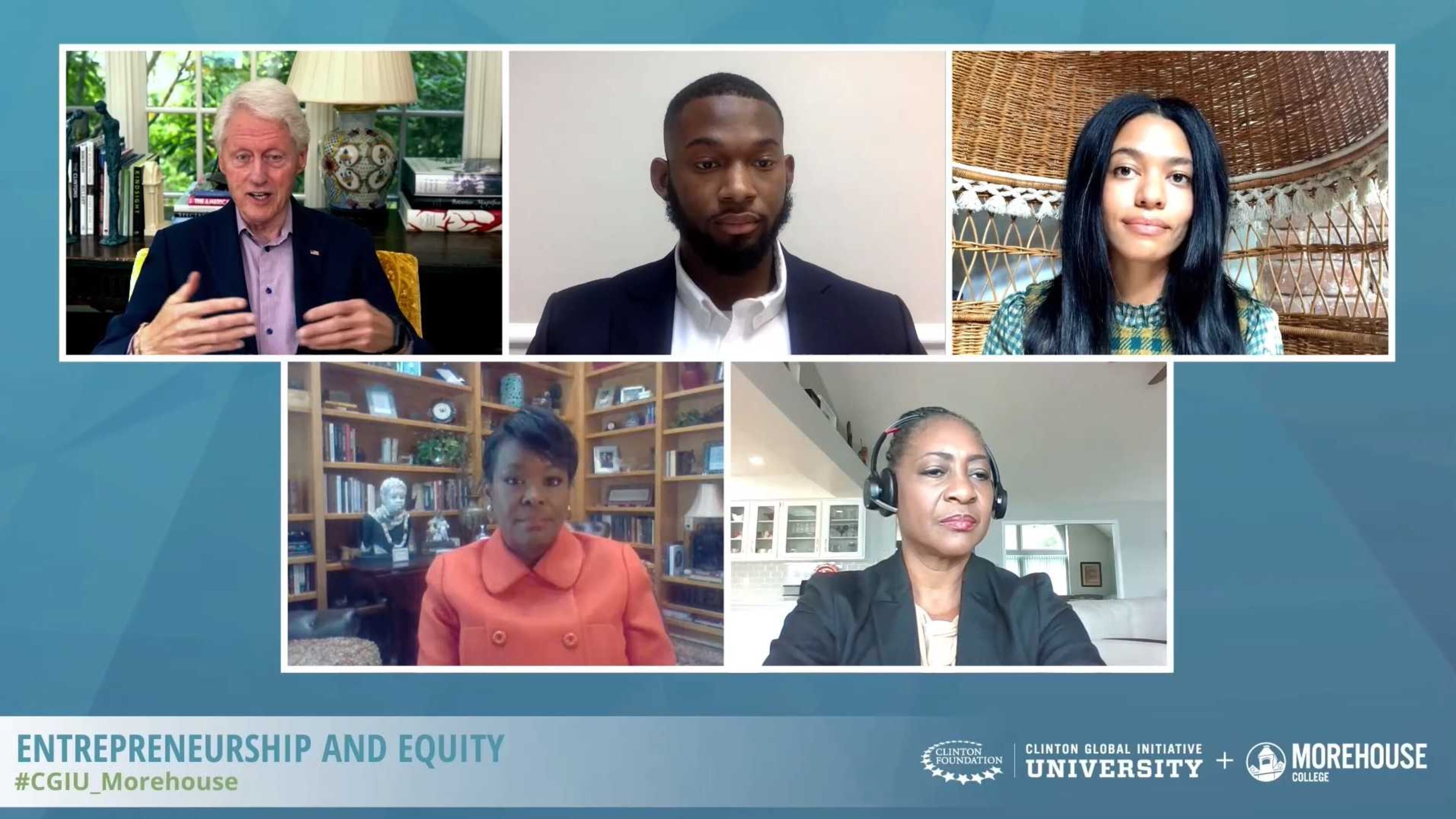 Former President Bill Clinton, upper left in this image, leads a discussion on economic empowerment in African American communities during an Oct. 8, 2020 workshop organized by his foundation and Morehouse College. Photo courtesy: Clinton Global Initiative University and Morehouse College.