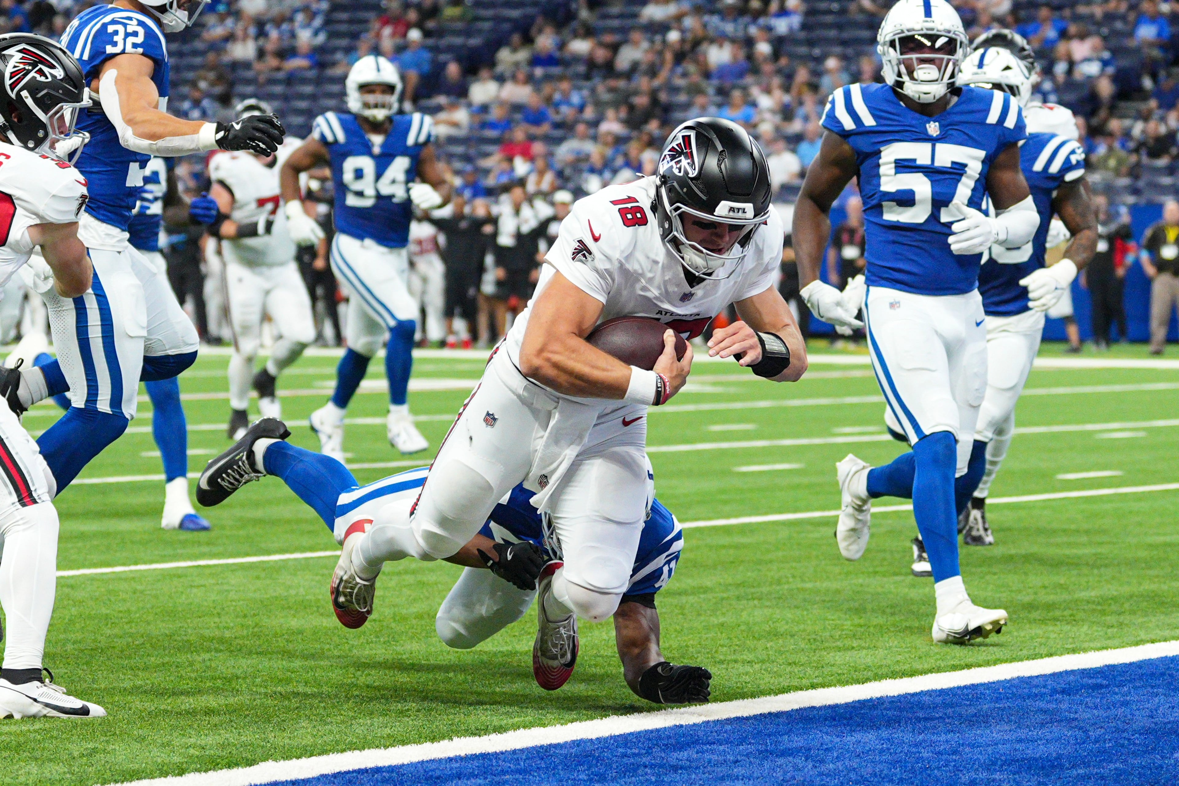 Falcons quarterback Jack Strand runs for a touchdown against the Colts on Saturday, Aug. 22, 2026, in Indianapolis. “Jack is not being ruled out for this game,” coach Kevin Stefanski says of this Sunday’s matchup against the Panthers. (AJ Mast/AP)