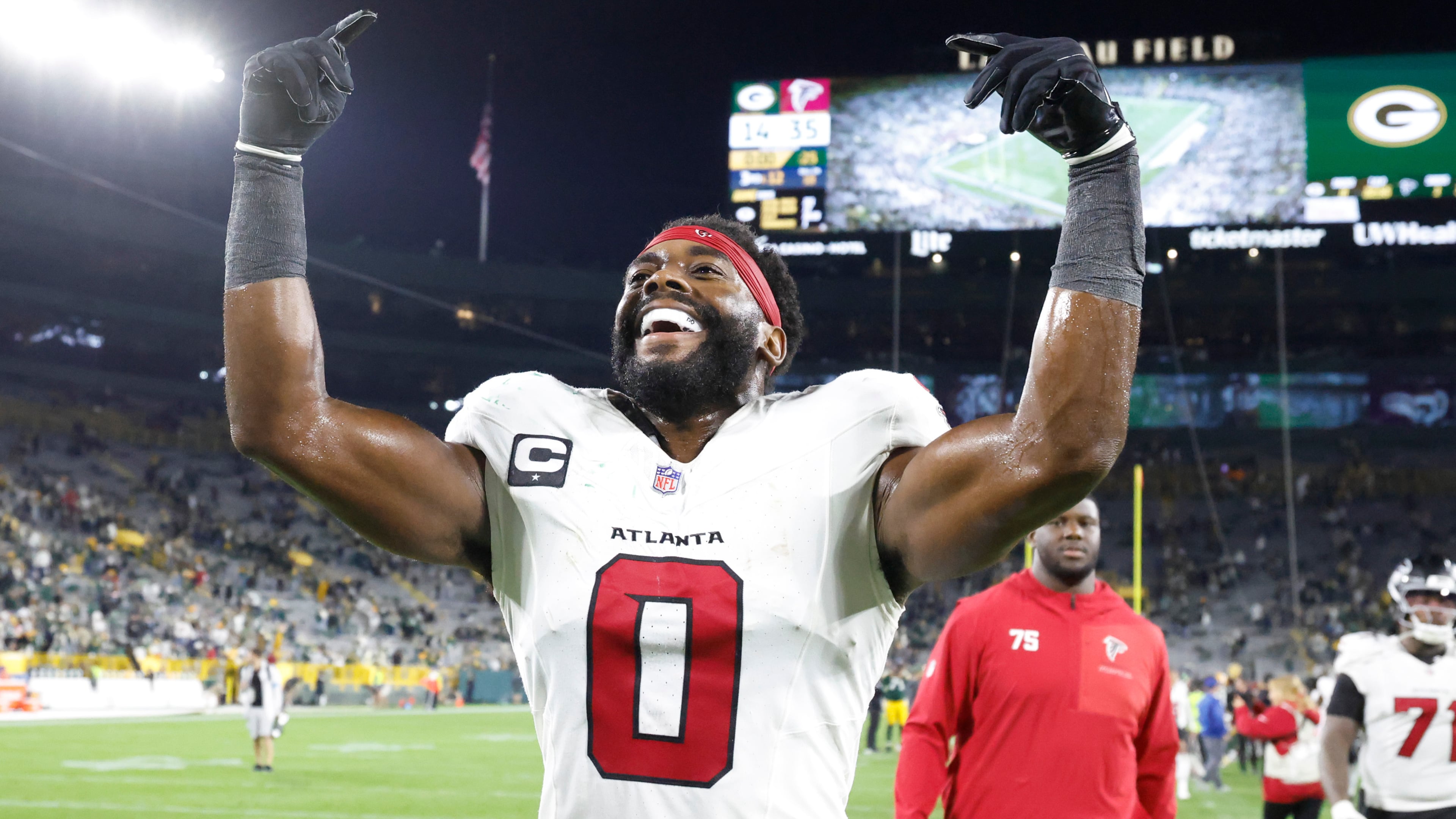 Atlanta Falcons linebacker Divine Deablo reacts after beating the Green Bay Packers in an NFL game in Green Bay, Wis., Thursday, Sept. 24, 2026. (Jeffrey Phelps/AP)