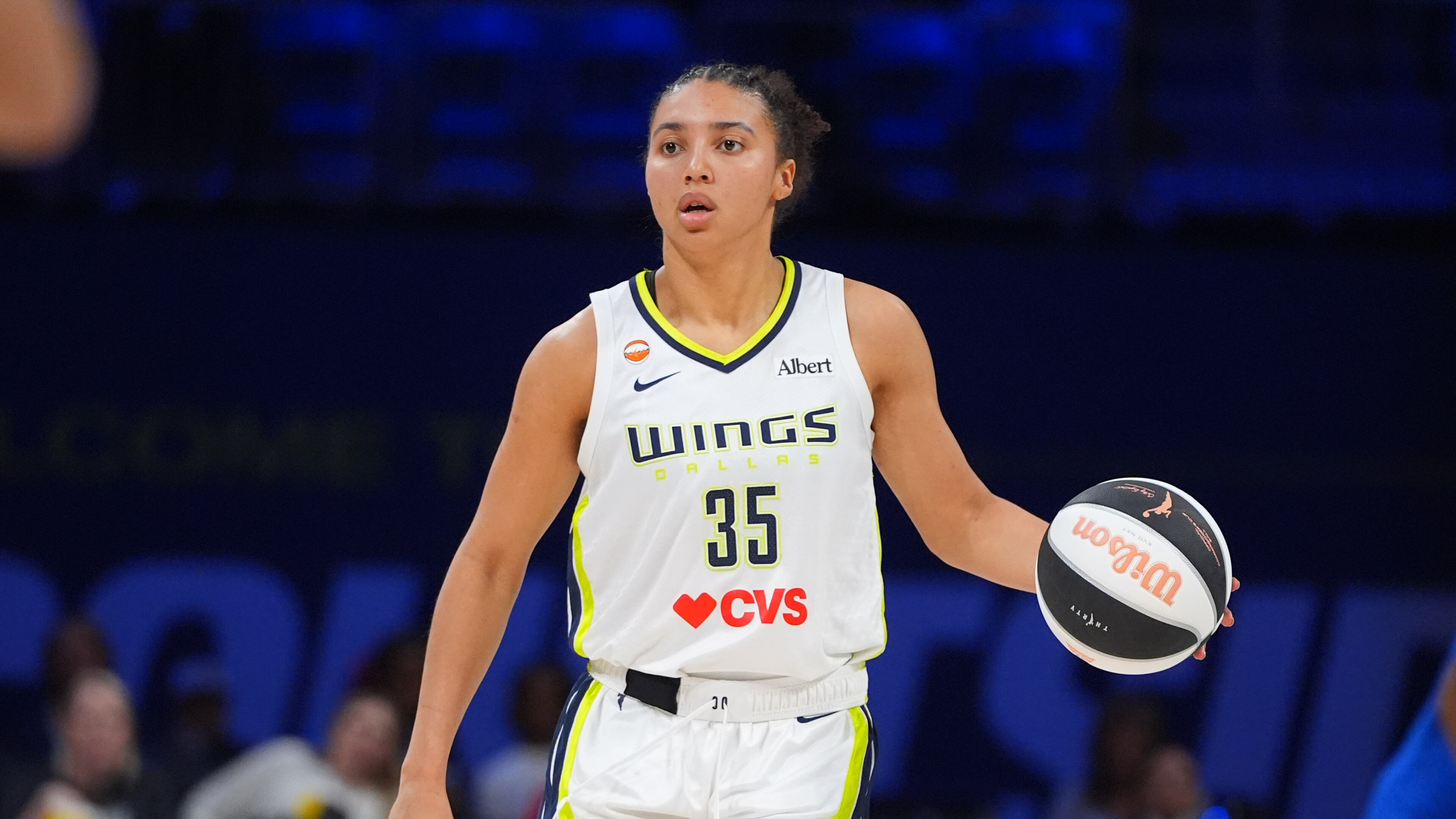 Dallas Wings guard Azzi Fudd dribbles during the first half of a WNBA basketball game against the Phoenix Mercury in Arlington, Texas, Thursday, June 11, 2026. (AP Photo/LM Otero)