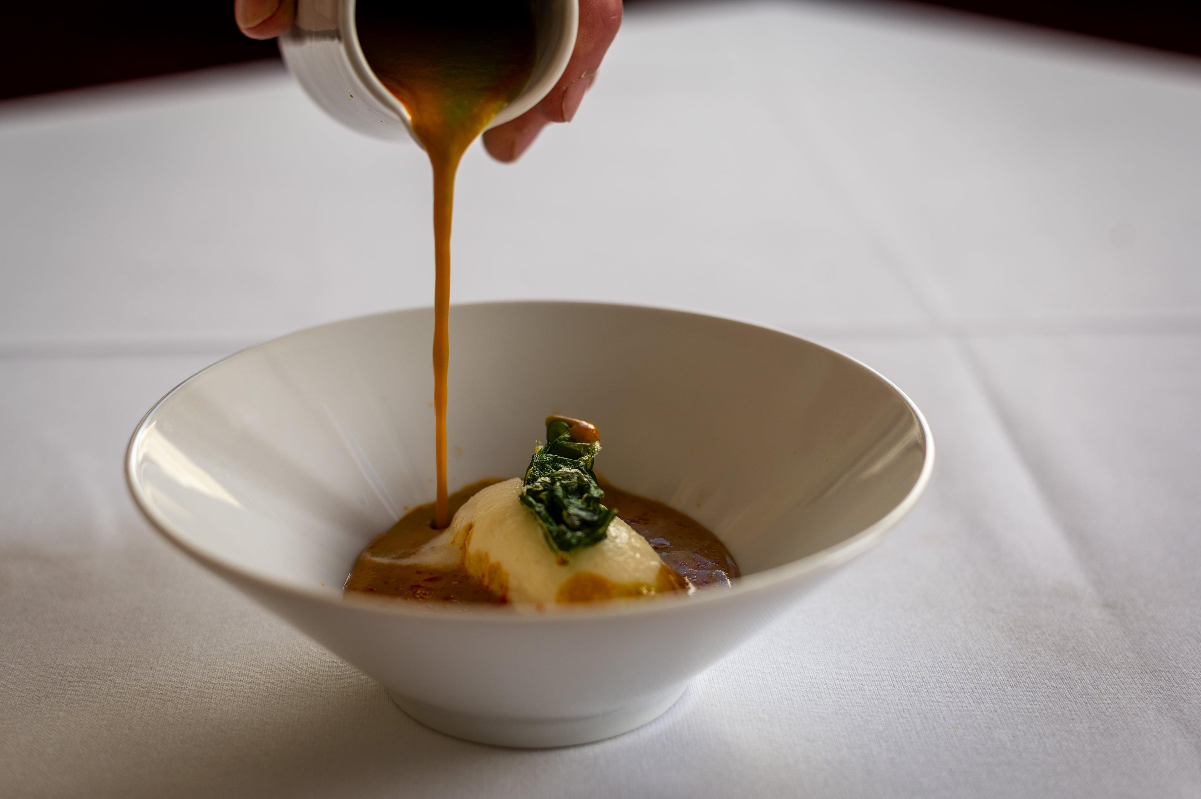 Gazpacho due colori at Elise, the fine-dining restaurant at the Woodruff Arts Center. (Henri Hollis / henri.hollis@ajc.com)