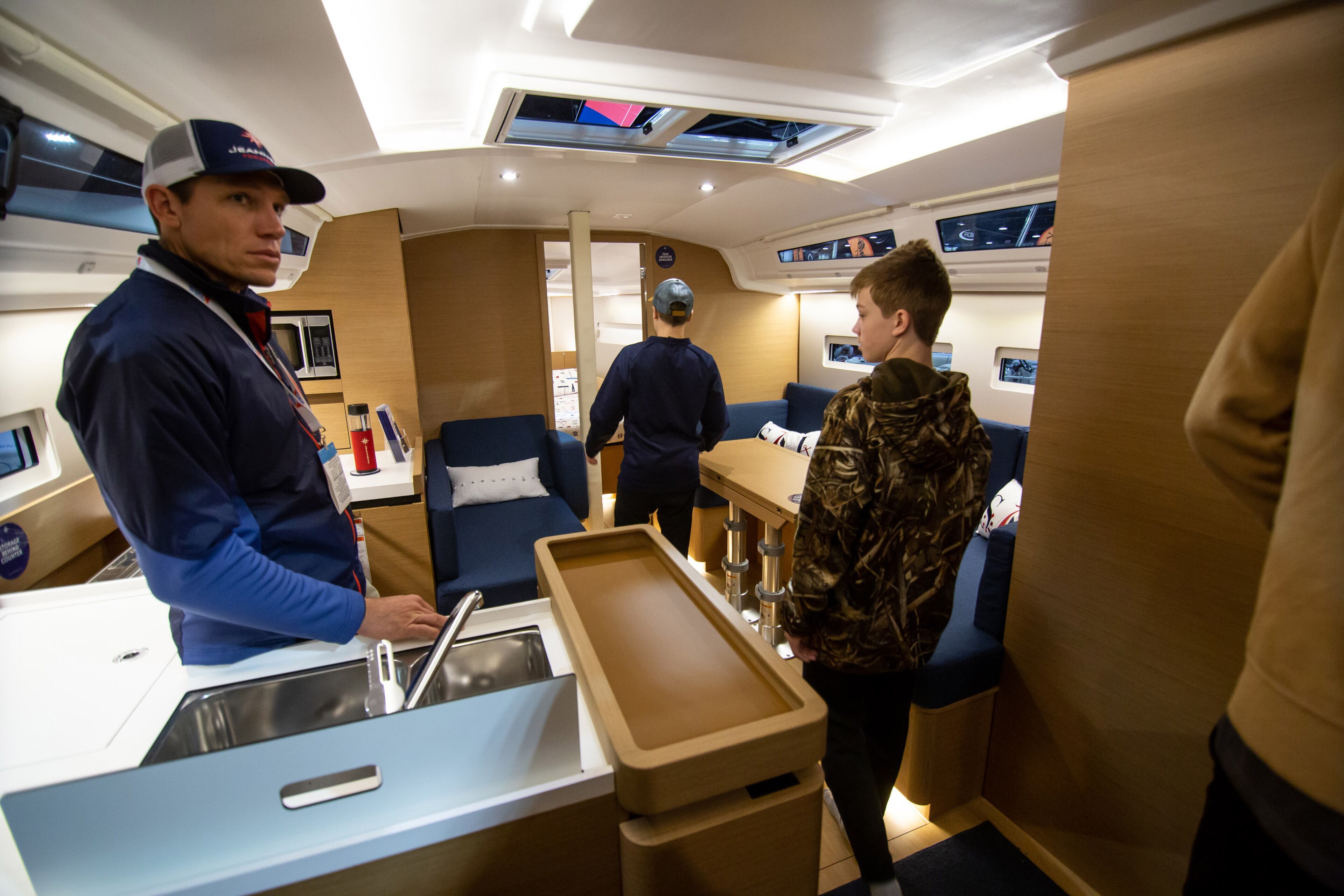 People walk through a 41 foot Jeanneau sailboat during the Progressive Atlanta Boat Show at the Georgia World Congress Center Sunday, January 19, 2020. STEVE SCHAEFER / SPECIAL TO THE AJC