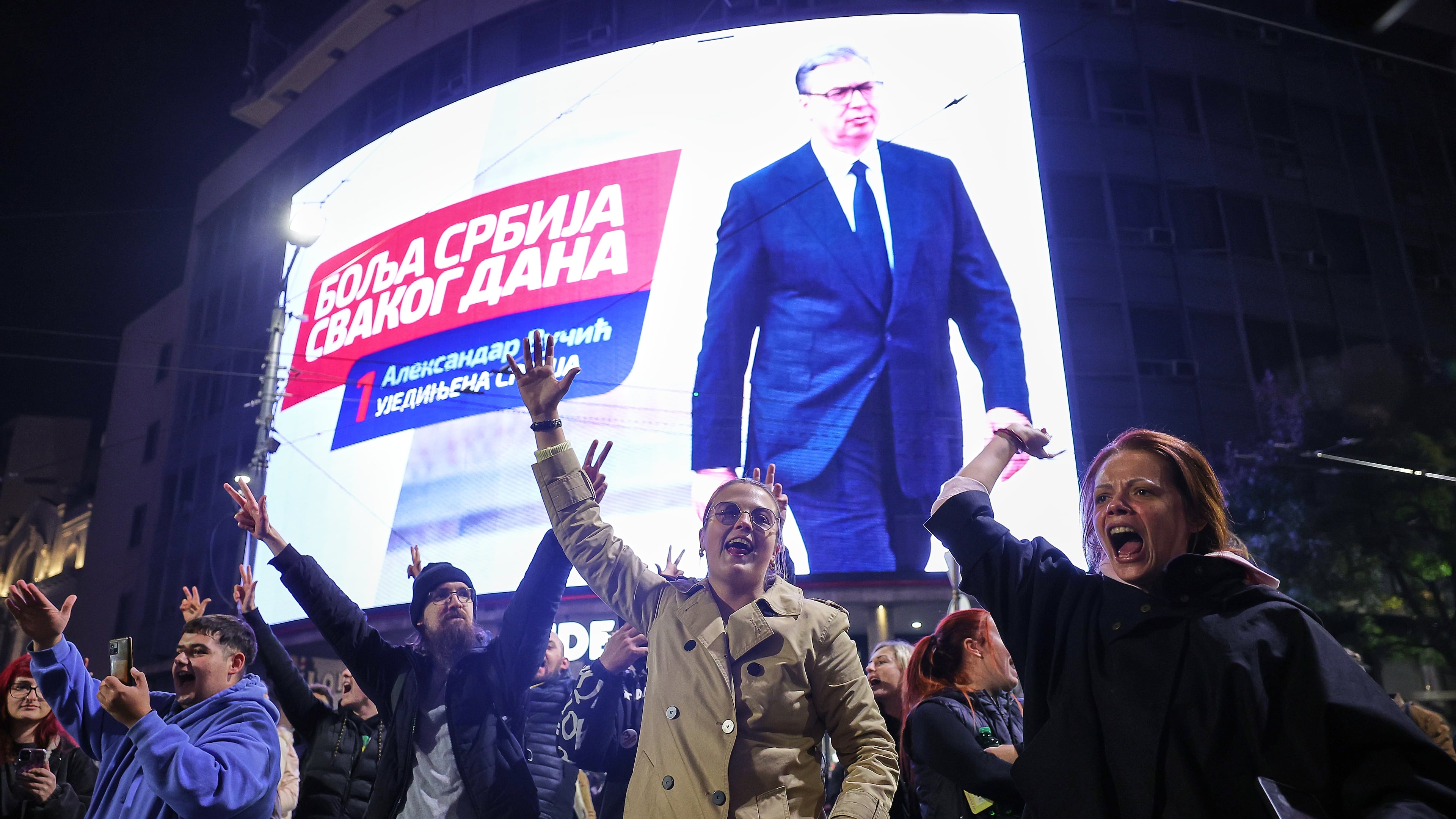 Youngsters cheer after polls closed for the parliamentary election in Belgrade, Serbia, Sunday, Oct. 25, 2026. (AP Photo/Armin Durgut) CORRECTION: Change byline to Armin Durgut, not Marko Drobnjakovic