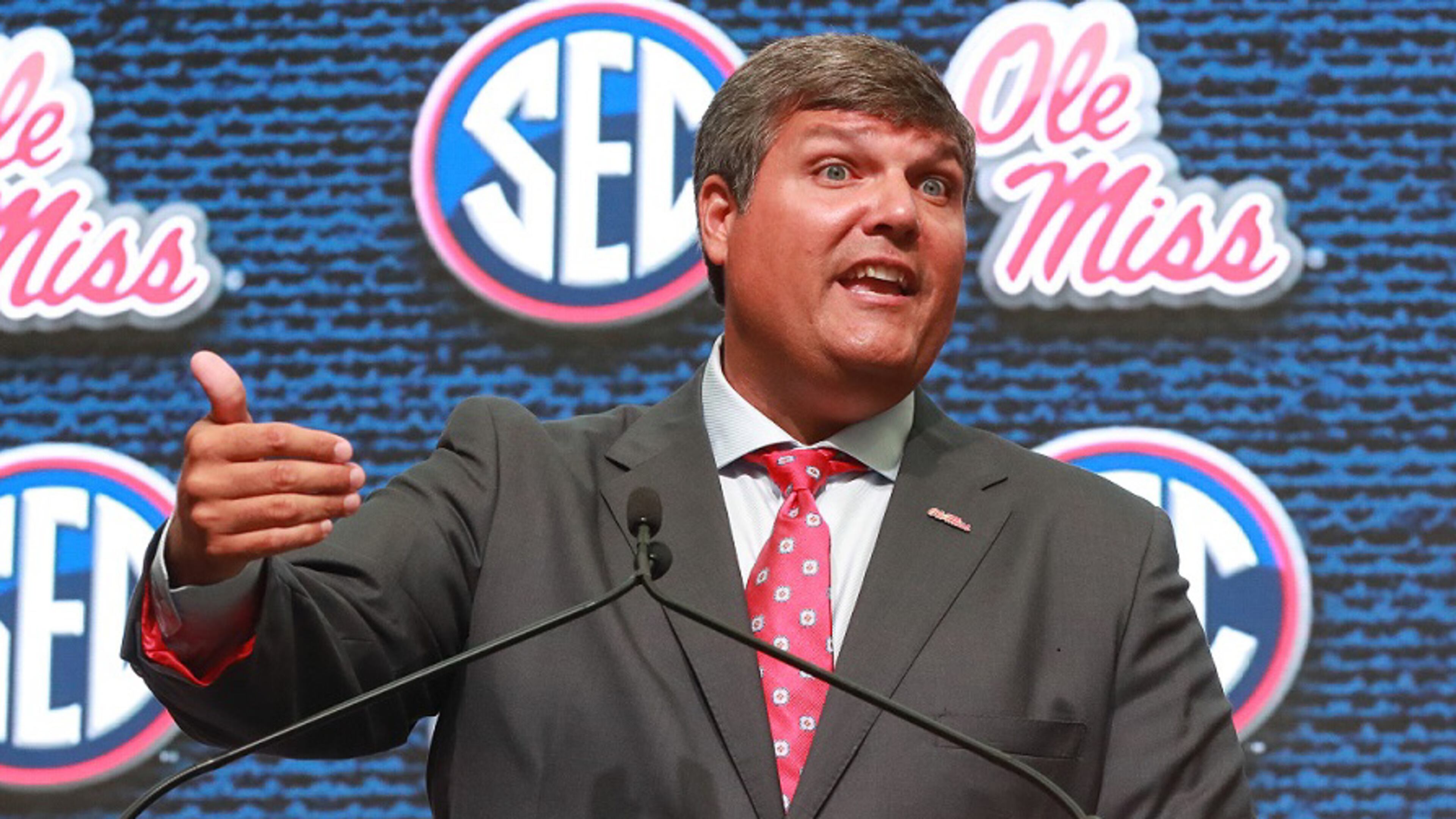 Ole Miss coach Matt Luke holds his SEC Media Days news conference at the College Football Hall of Fame on Tuesday, July 17, 2018, in Atlanta. Curtis Compton/ccompton@ajc.com