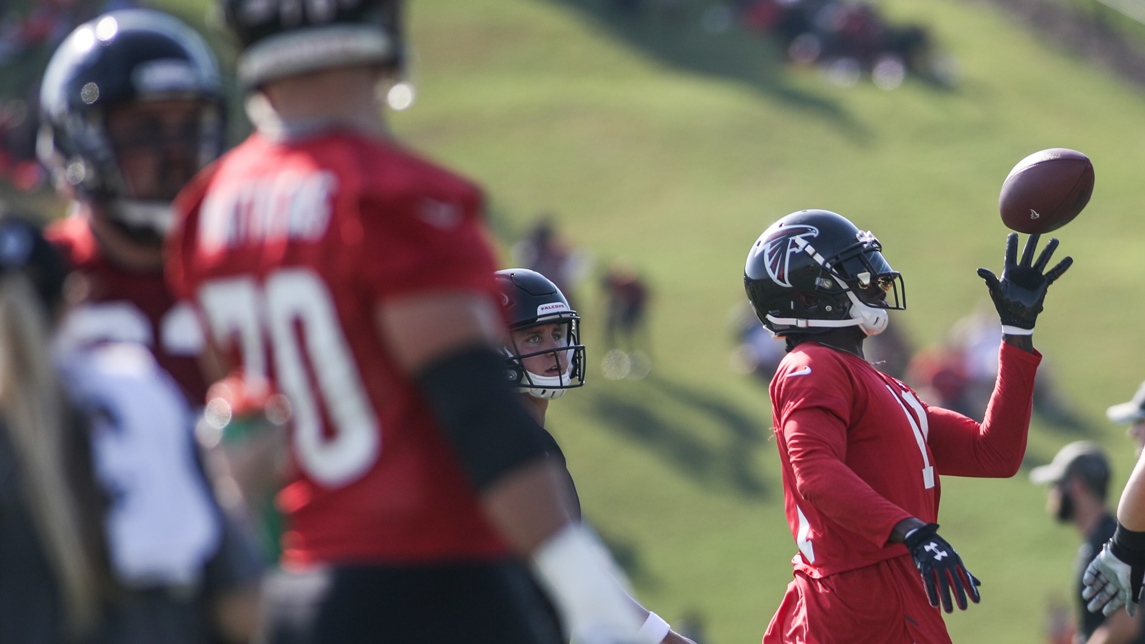 Wide receiver Julio Jones (11) during training camp Saturday, July 28, 2018, in Flowery Branch, Ga.