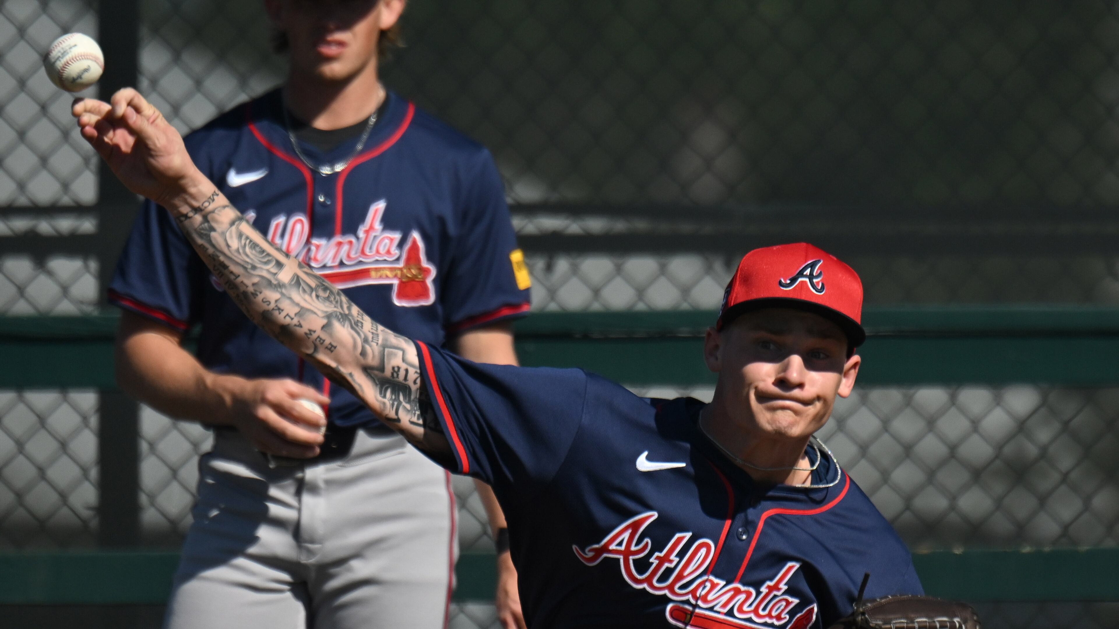 Atlanta Braves pitcher AJ Smith-Shawver throws in the bullpen during spring training workouts at CoolToday Park, Wednesday, Feb. 21, 2024, in North Port, Florida. (Hyosub Shin / Hyosub.Shin@ajc.com)