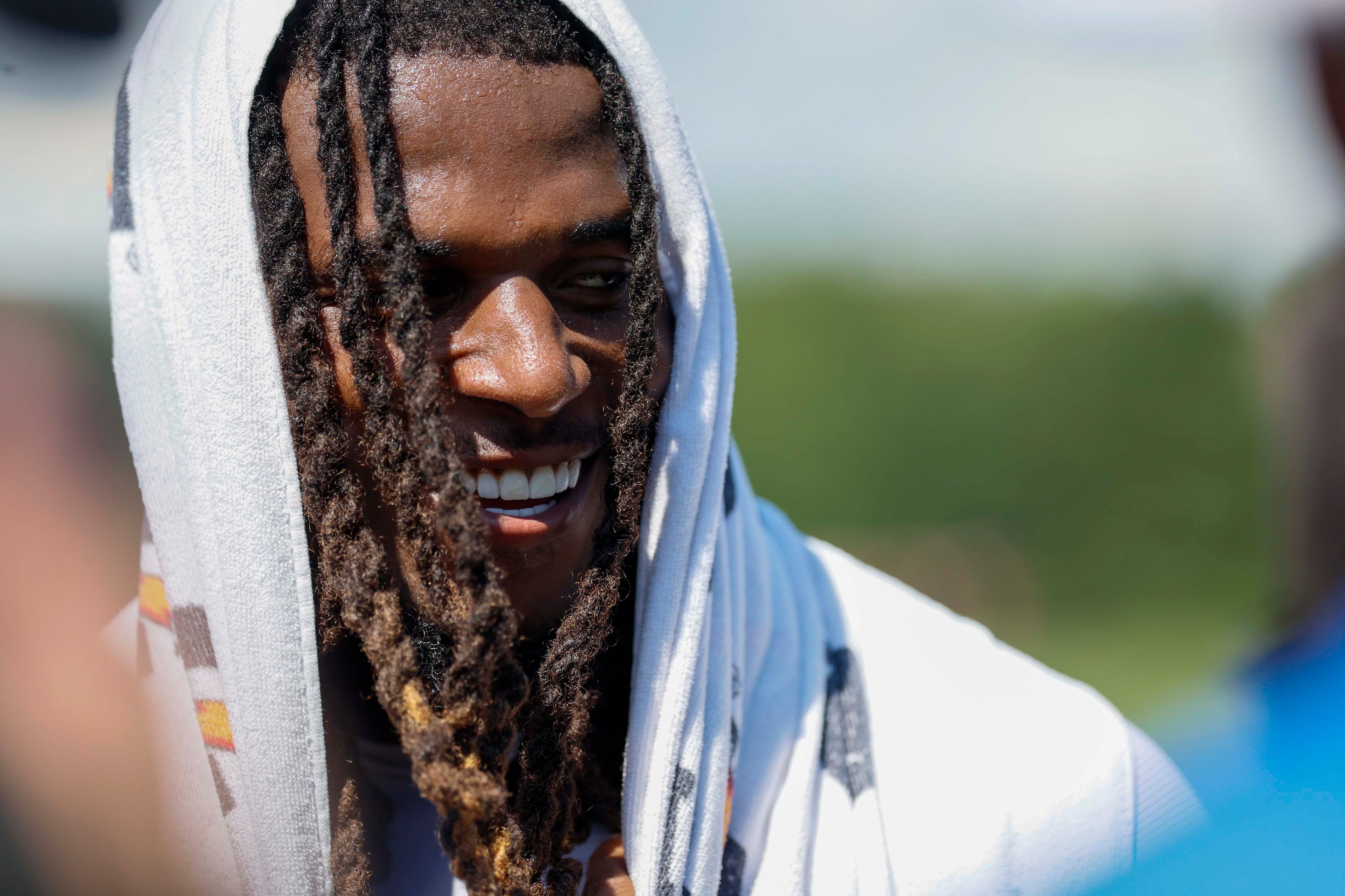 Falcons linebacker Harold Perkins Jr. speaks to the media after practice on Monday, Aug. 10, 2026, in Flowery Branch. (Miguel Martinez/AJC)