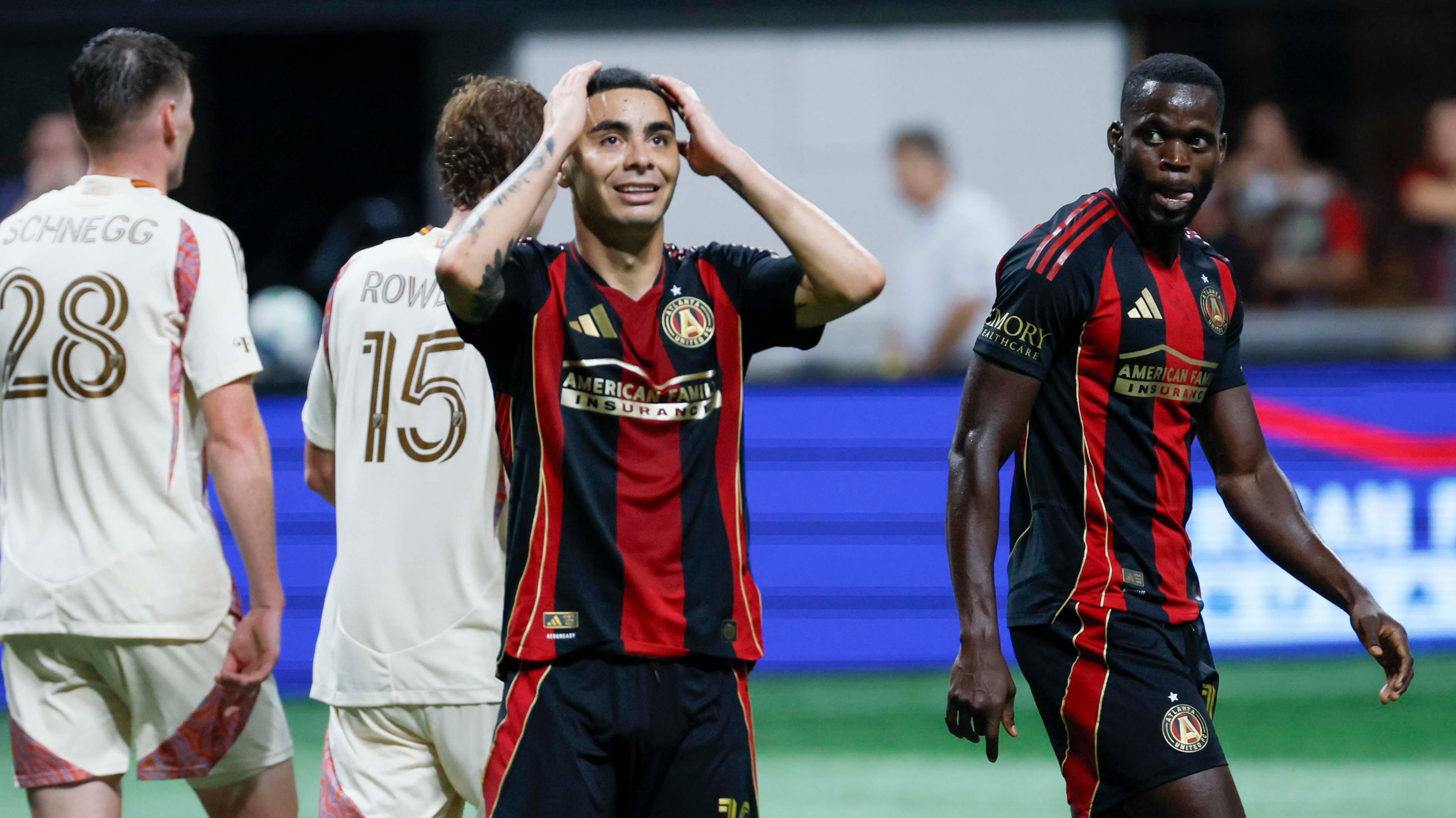 Atlanta United midfielder Miguel Almirón misses a chance in the box against DC United on Saturday, Oct. 18, 2025, at Mercedes-Benz Stadium in Atlanta. Previous manager Ronny Deila had difficulty figuring out Almirón’s best position. (Miguel Martinez/AJC 2025)